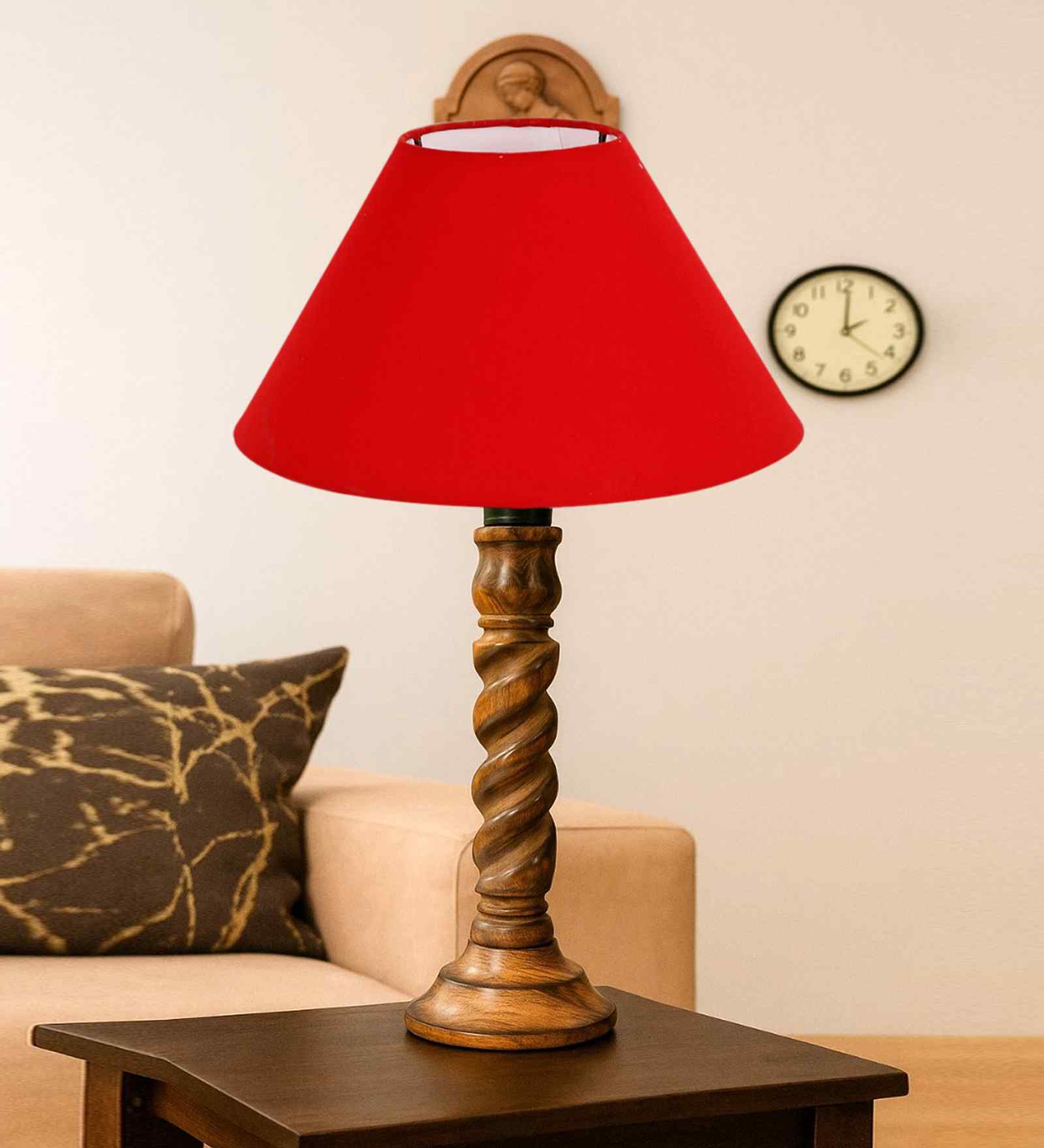 Red Cotton Table Lamp With  Wood  Base 10X19 Inches