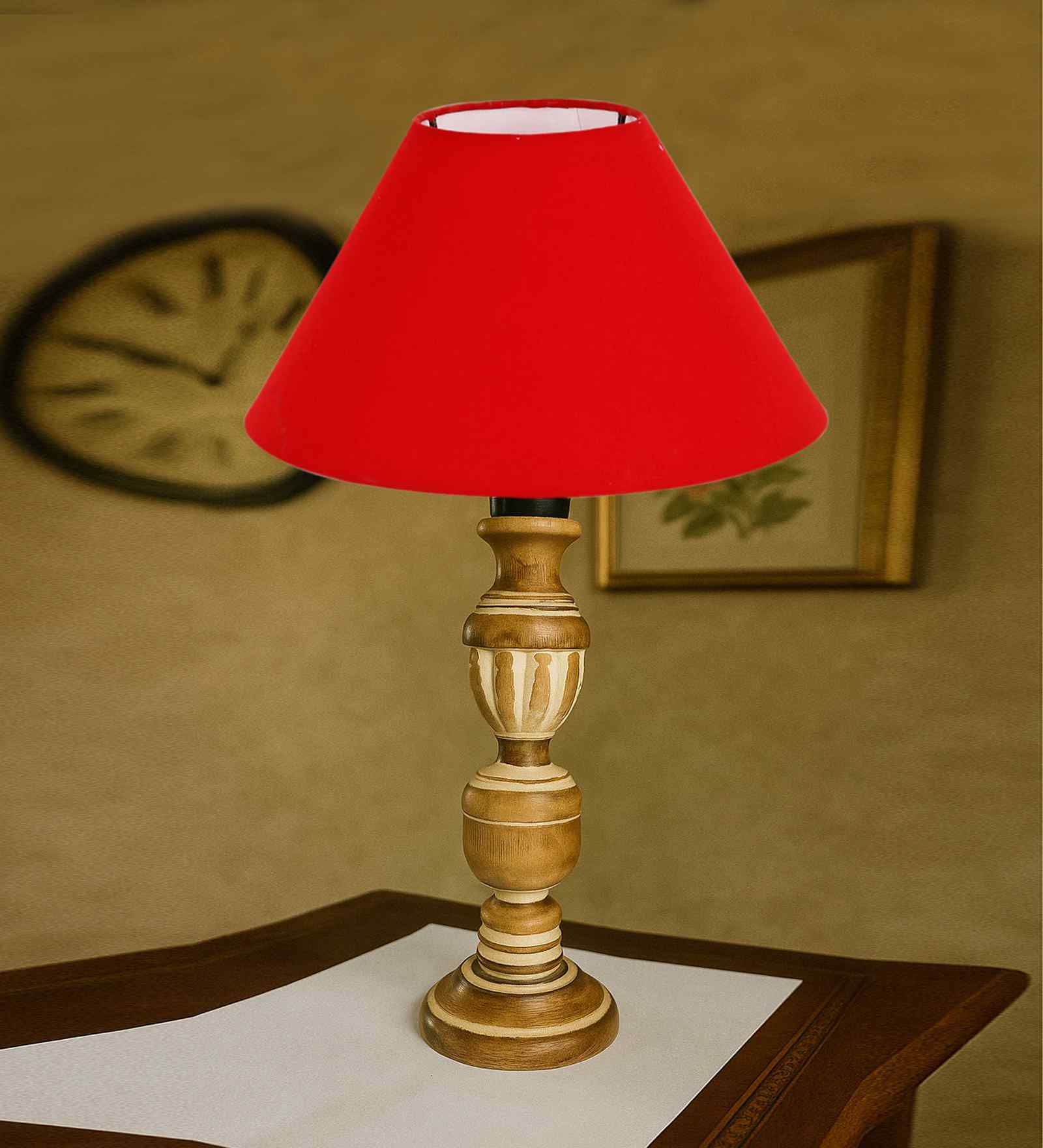 Red Cotton Table Lamp With Wood Base 10X19 Inches Red Cotton Table Lamp With Wood Base 10X19 Inches