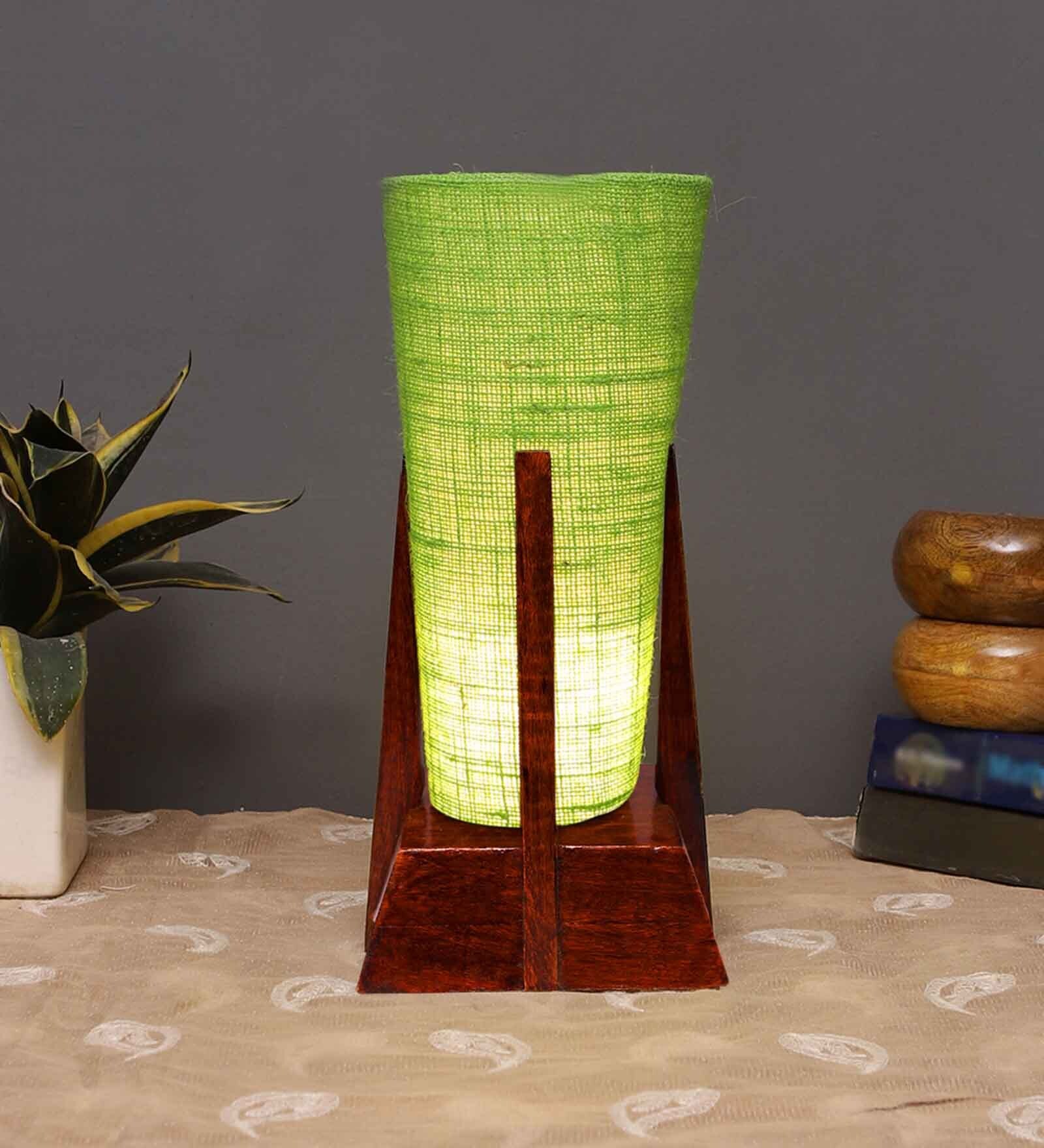 Red Cotton Table Lamp With Wood Base