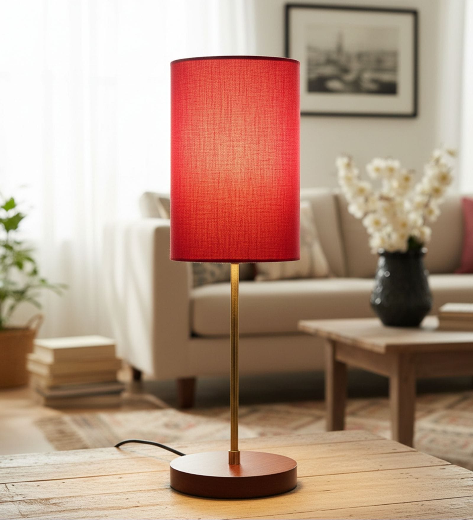 Red Cylinder Fabric Shade Table Lamp, Brown Wooden Base Bedside & Desk Light for Bedroom, Living Room & Home Decor