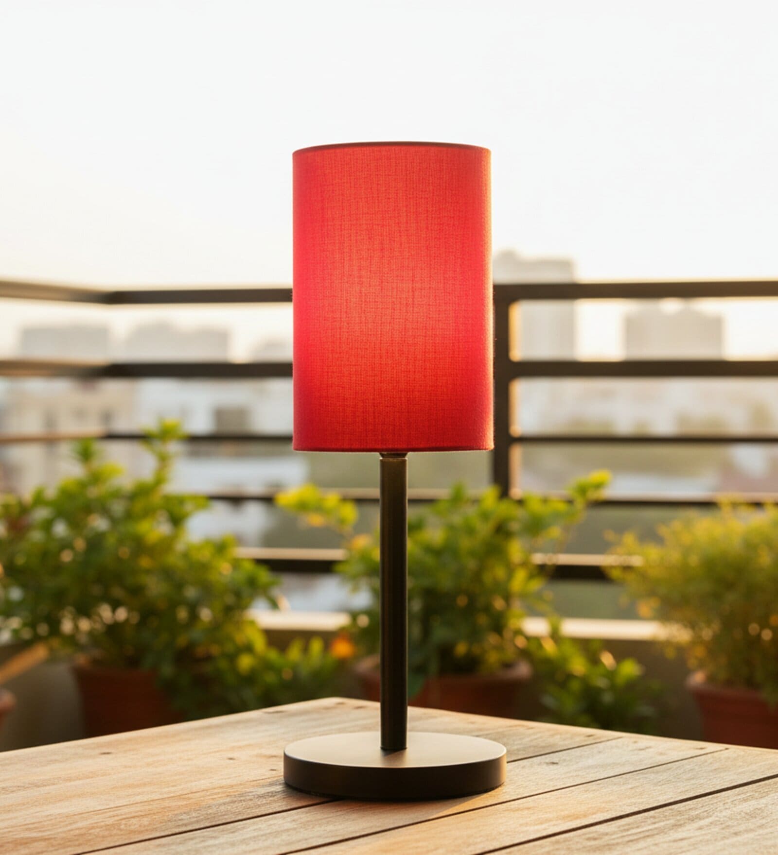 Red Cylinder Fabric Shade Table Lamp, Minimalist Bedside Lamp with Metal Base for Bedroom, Living Room & Study