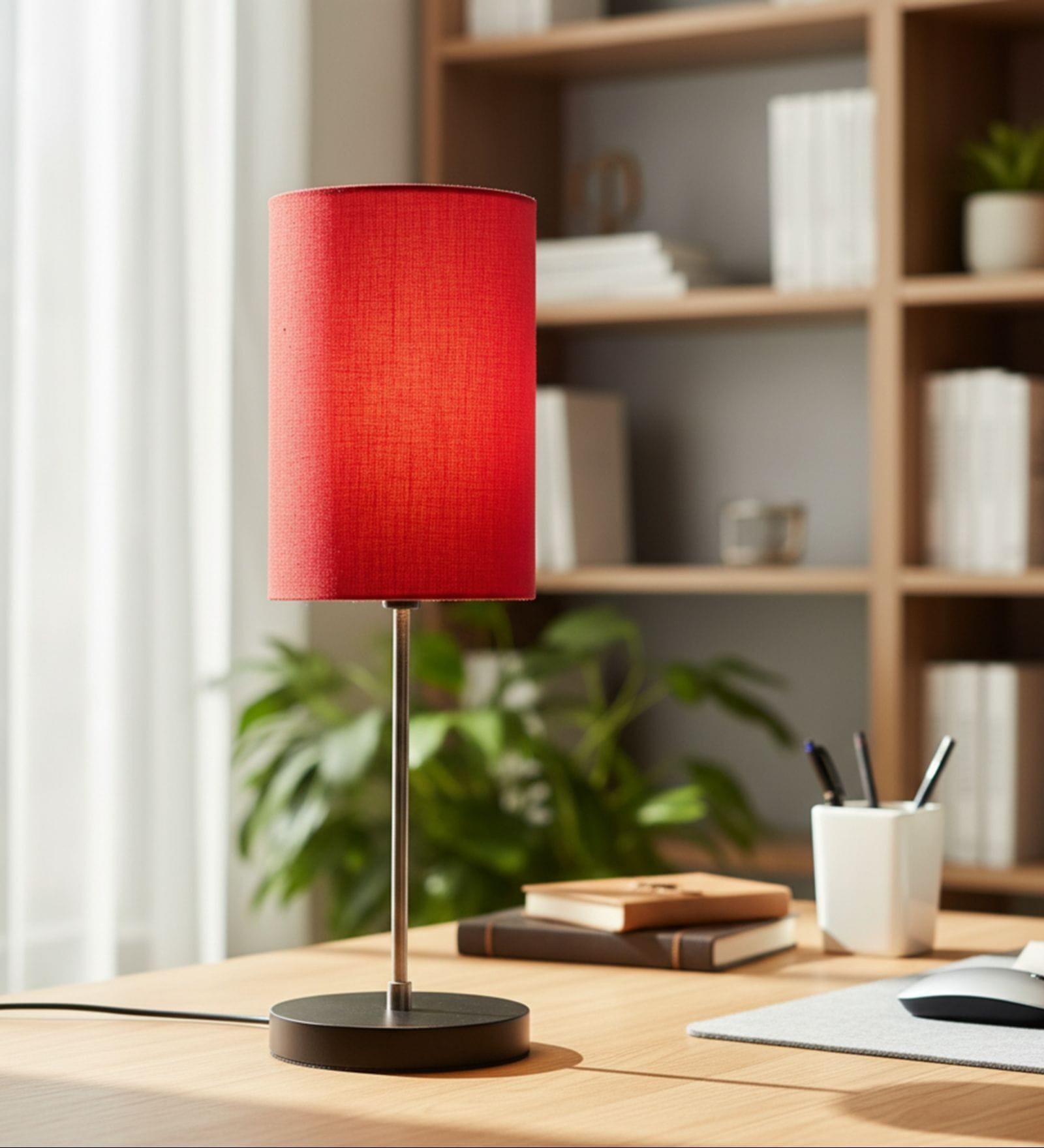 Red Cylinder Fabric Shade with Modern Silver & Black Table Lamp for Bedroom & Living Room