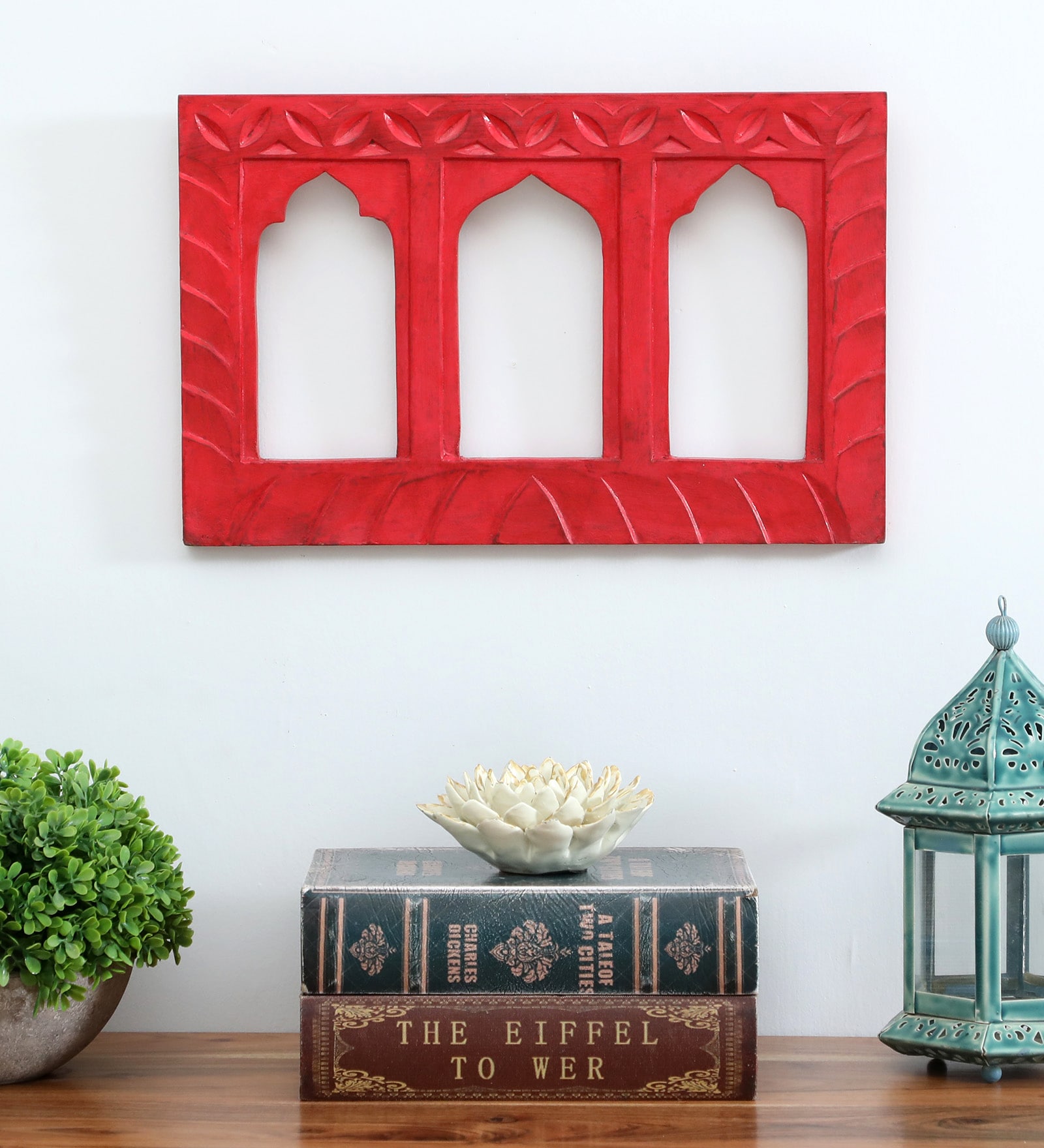 Red Distress Color Handpainted Engineered Wood Carving Jharokha Frame