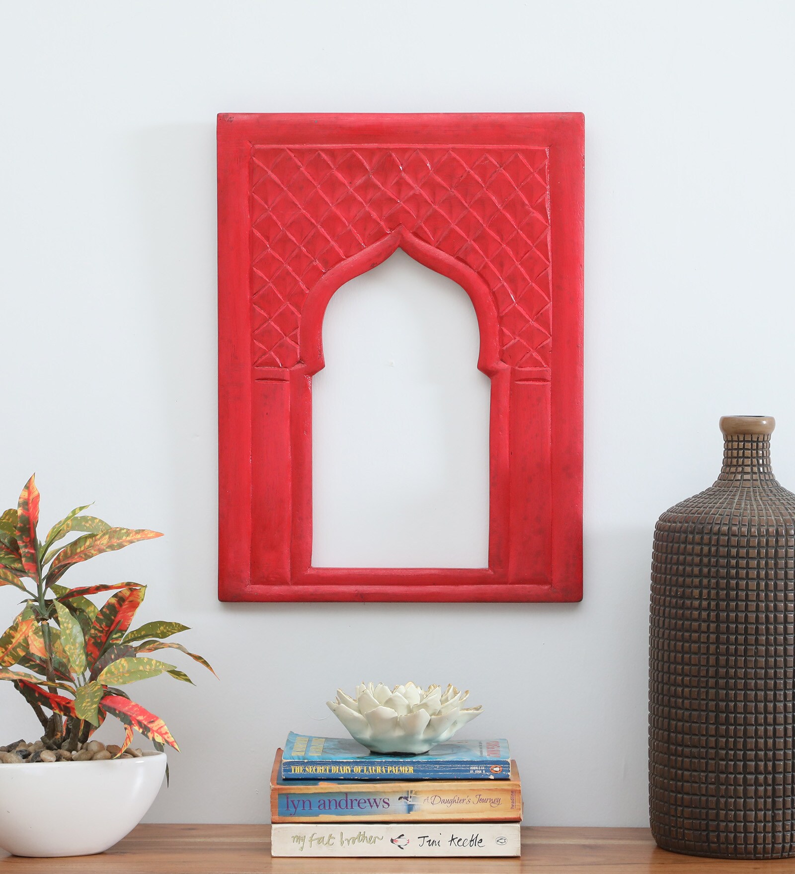 Red Distress Color Handpainted Engineered Wood Carving Jharokha Frame