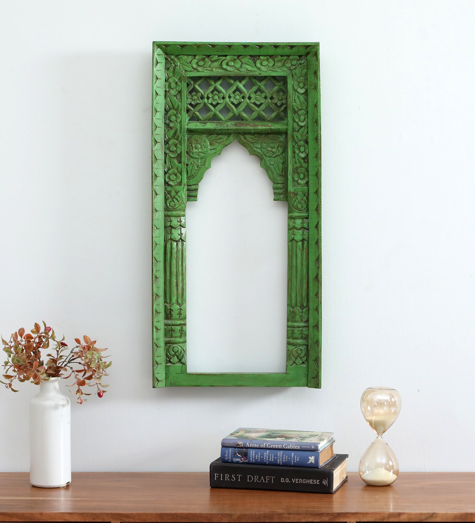 Red Distress Color Handpainted Mango Wood Carving Jharokha Frame