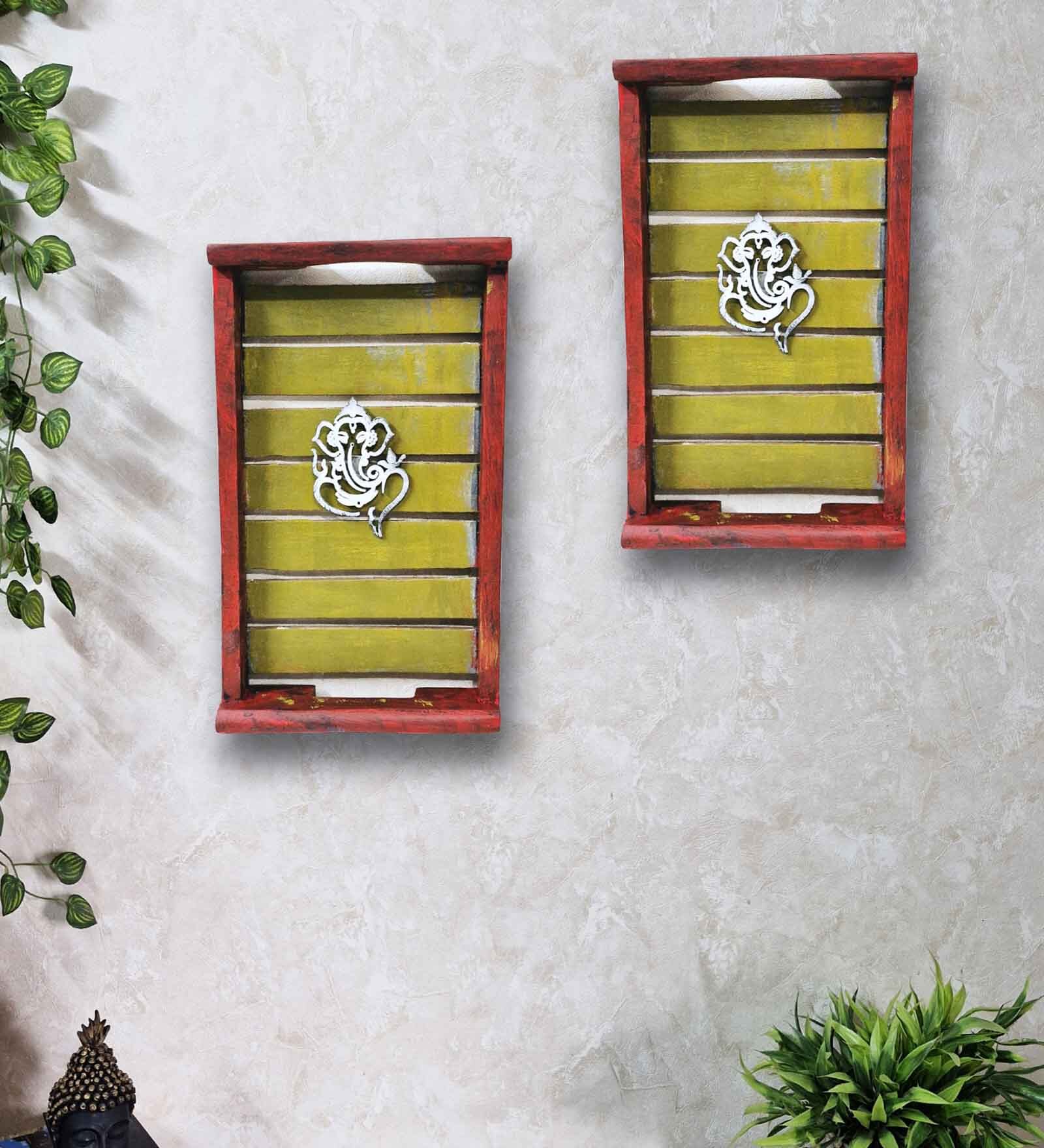 Red Distress Finish Sheesham Wood Rectangle Wall Art with Ganesha