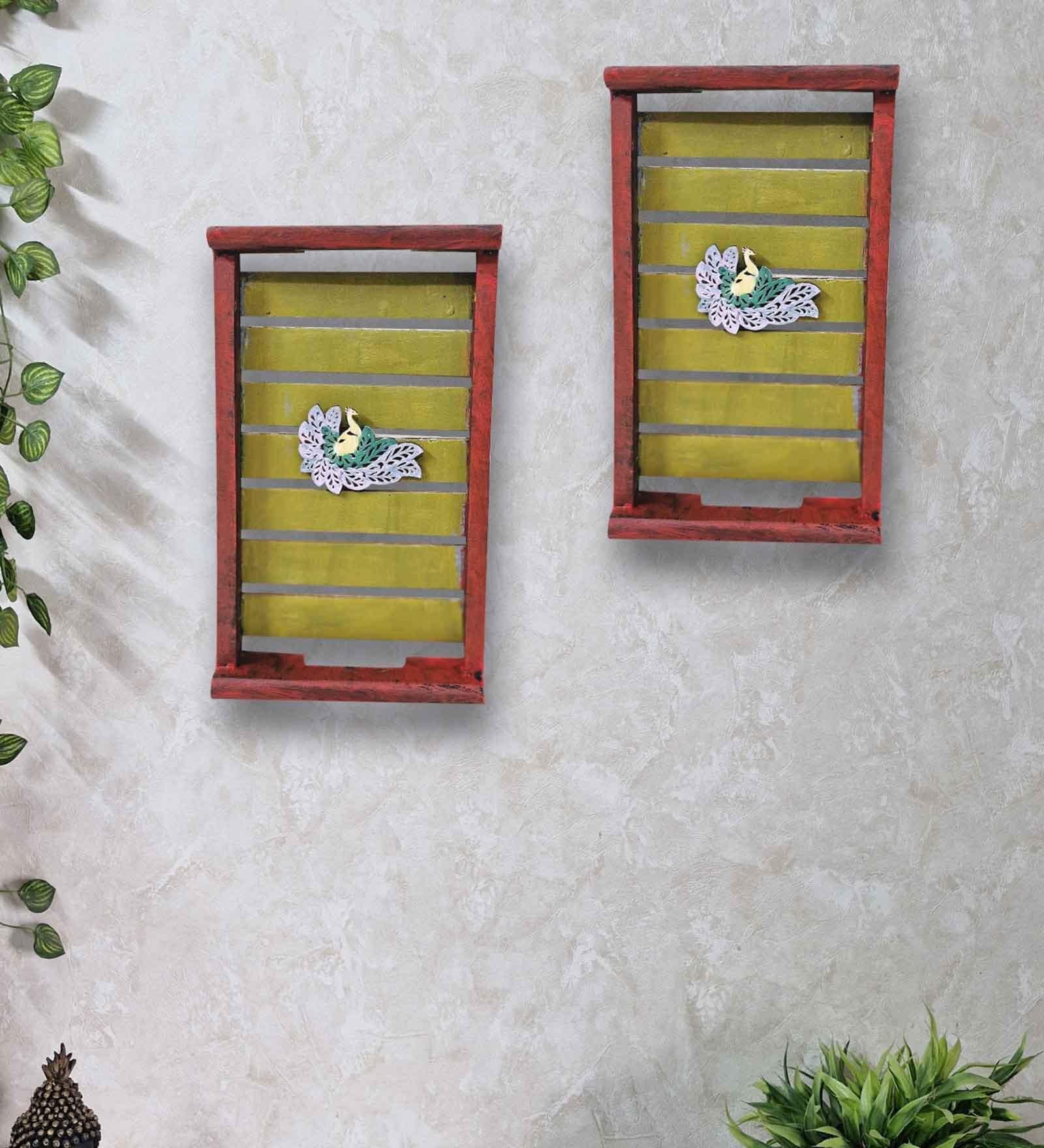 Red Distress Finish Sheesham Wood Rectangle Wall Art with Peacock