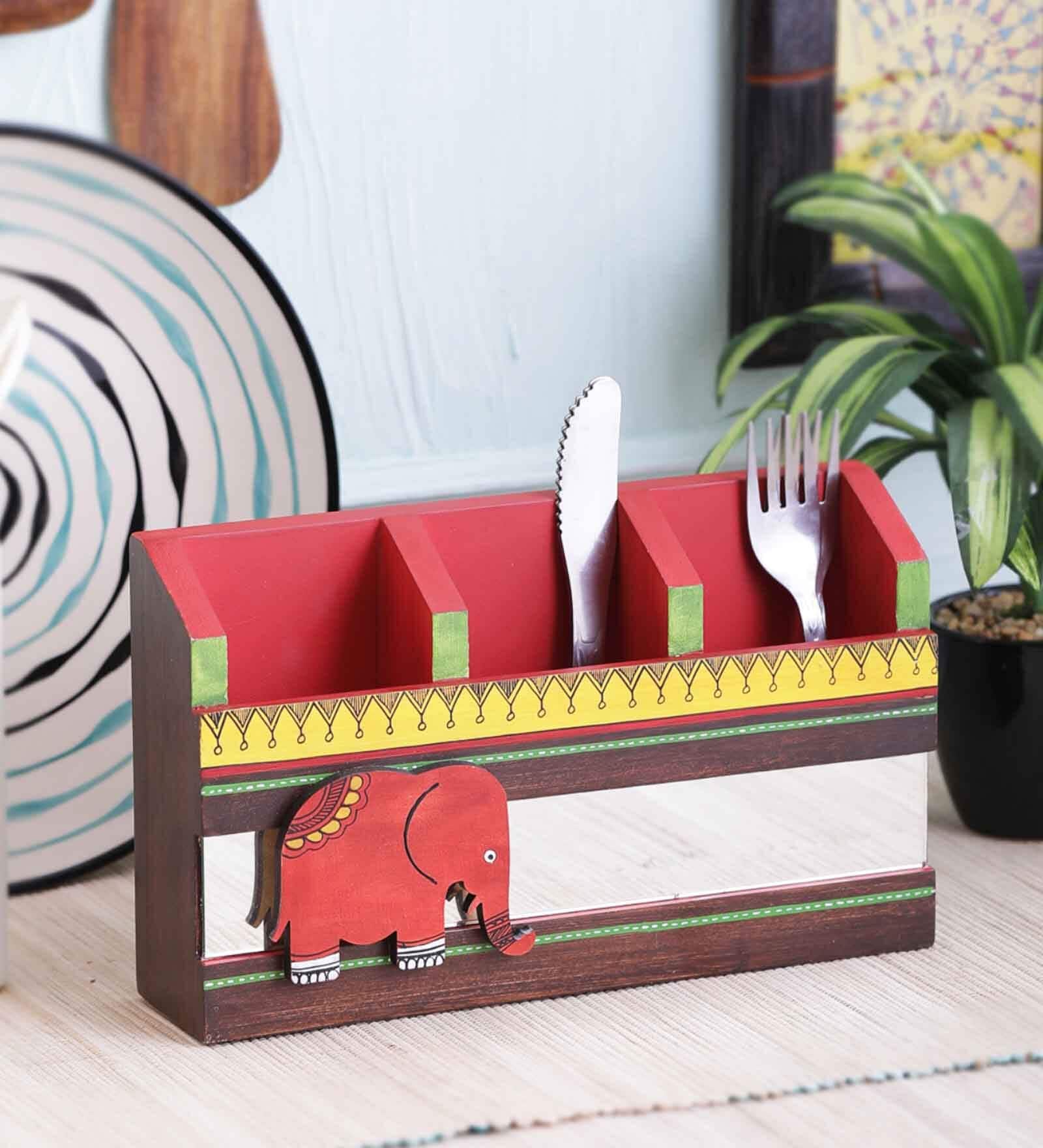 Red Elephant Divided Cutlery and Remote Holder with Wall Mounting Option