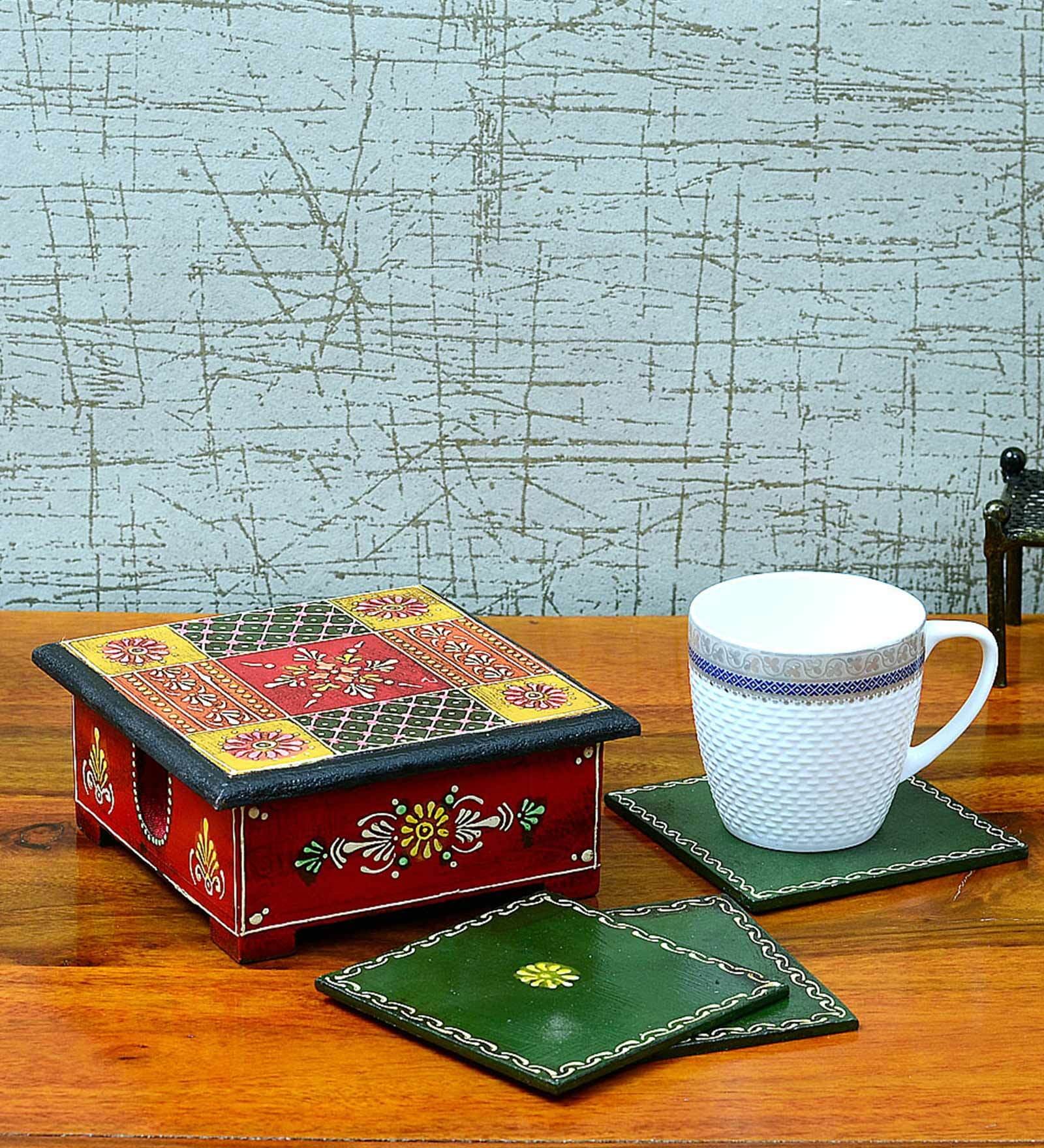 Elora HandPainted Multicolour MDF (Set of 6) Table Coaster with Stand