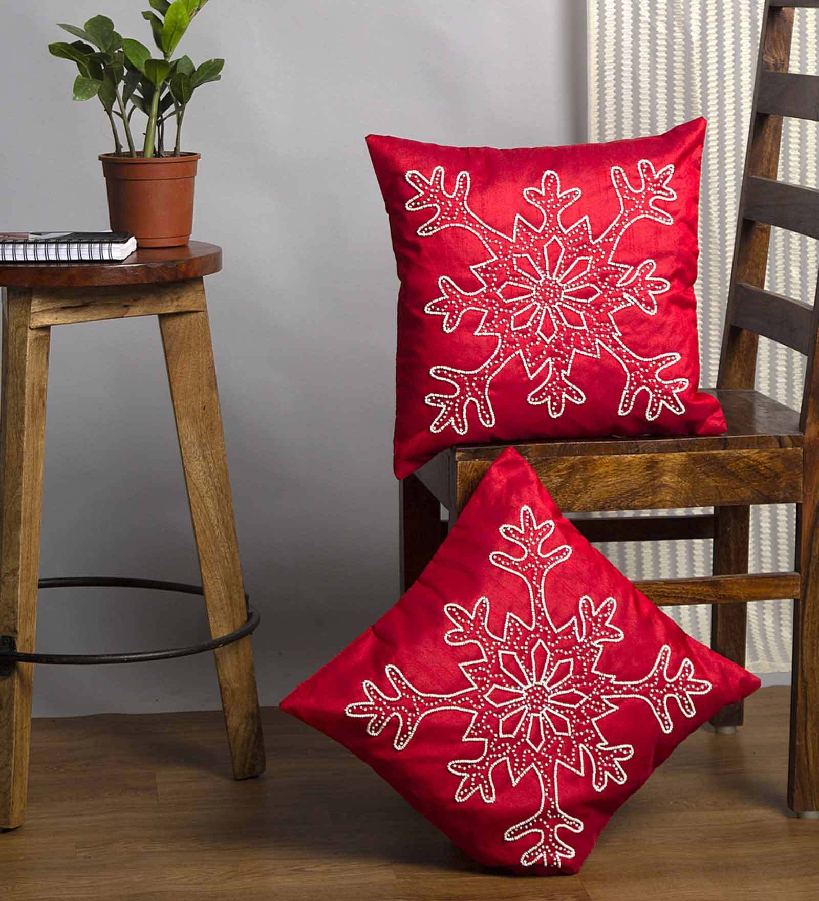 Buy Red Embroidered ( Set of 2 ) Cushion covers 16x16 Inch Alina decor