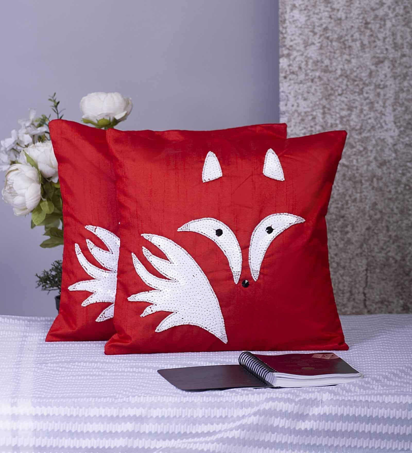 Buy Red Embroidered ( Set of 2 ) Cushion covers 16x16 Inch Alina decor