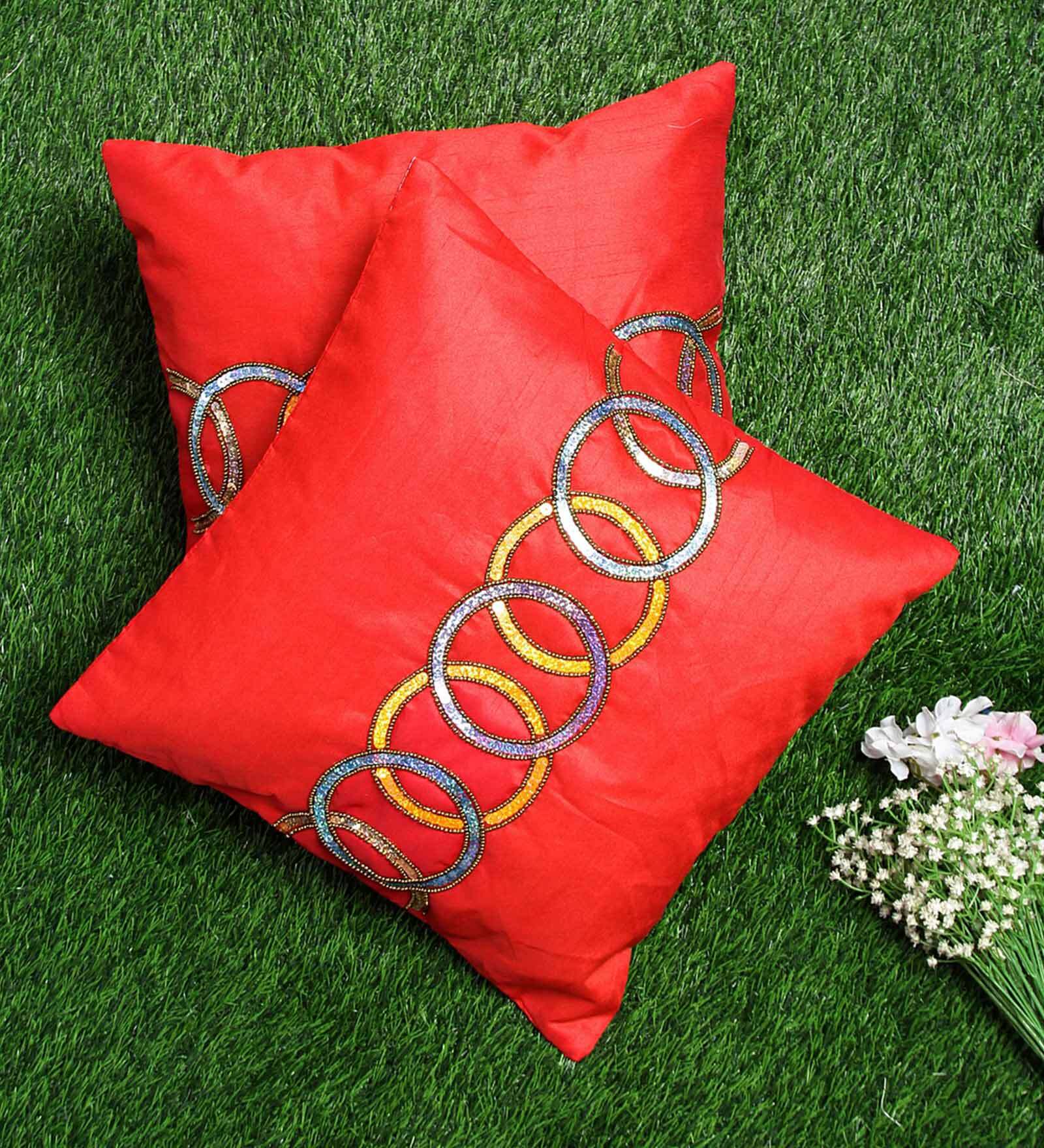 Buy Red Embroidered ( Set of 2 ) Cushion covers 16x16 Inch Alina decor