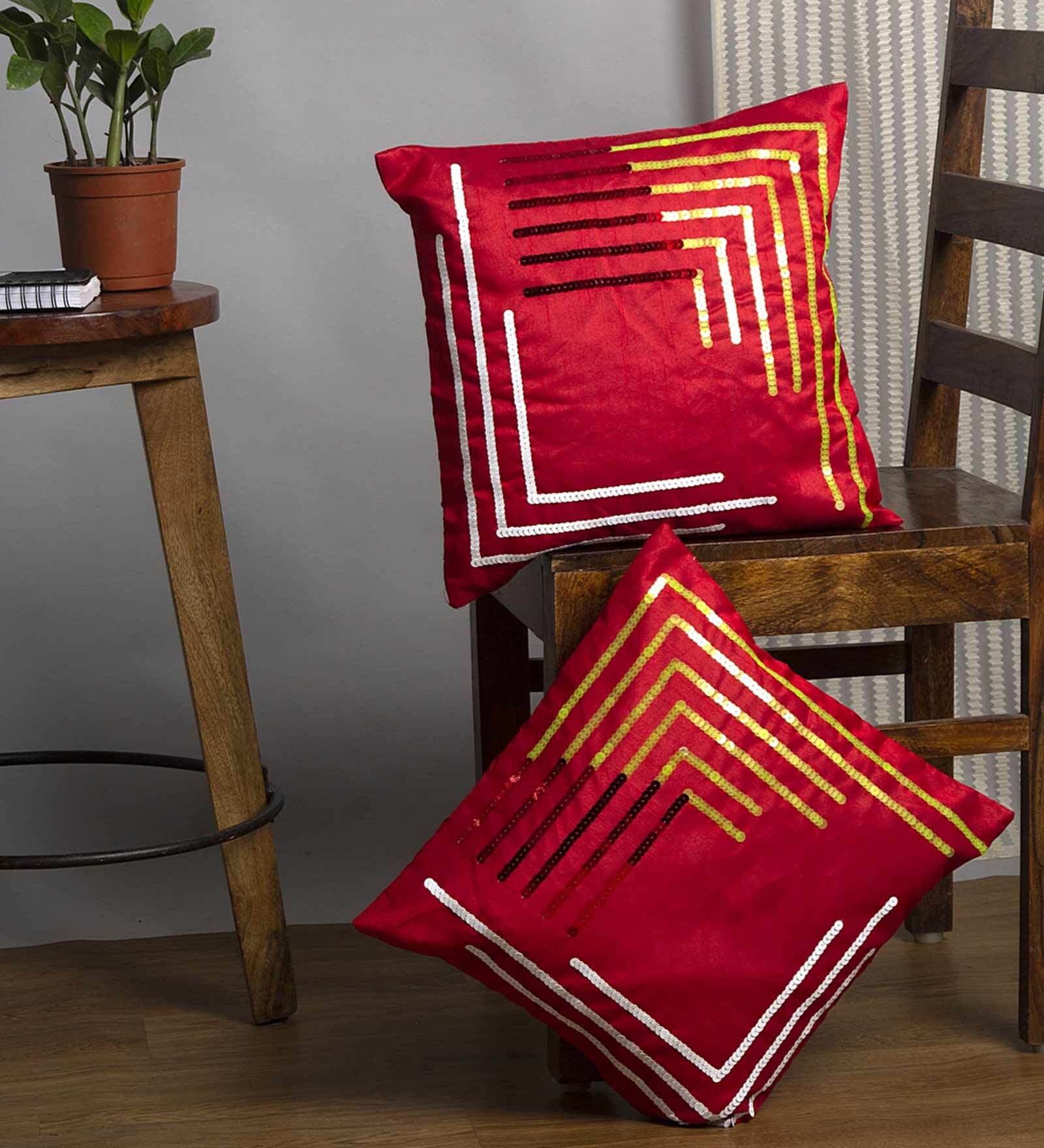 Buy Red Textured Polyester 16 x 16 Inches Embroidered Cushion Covers