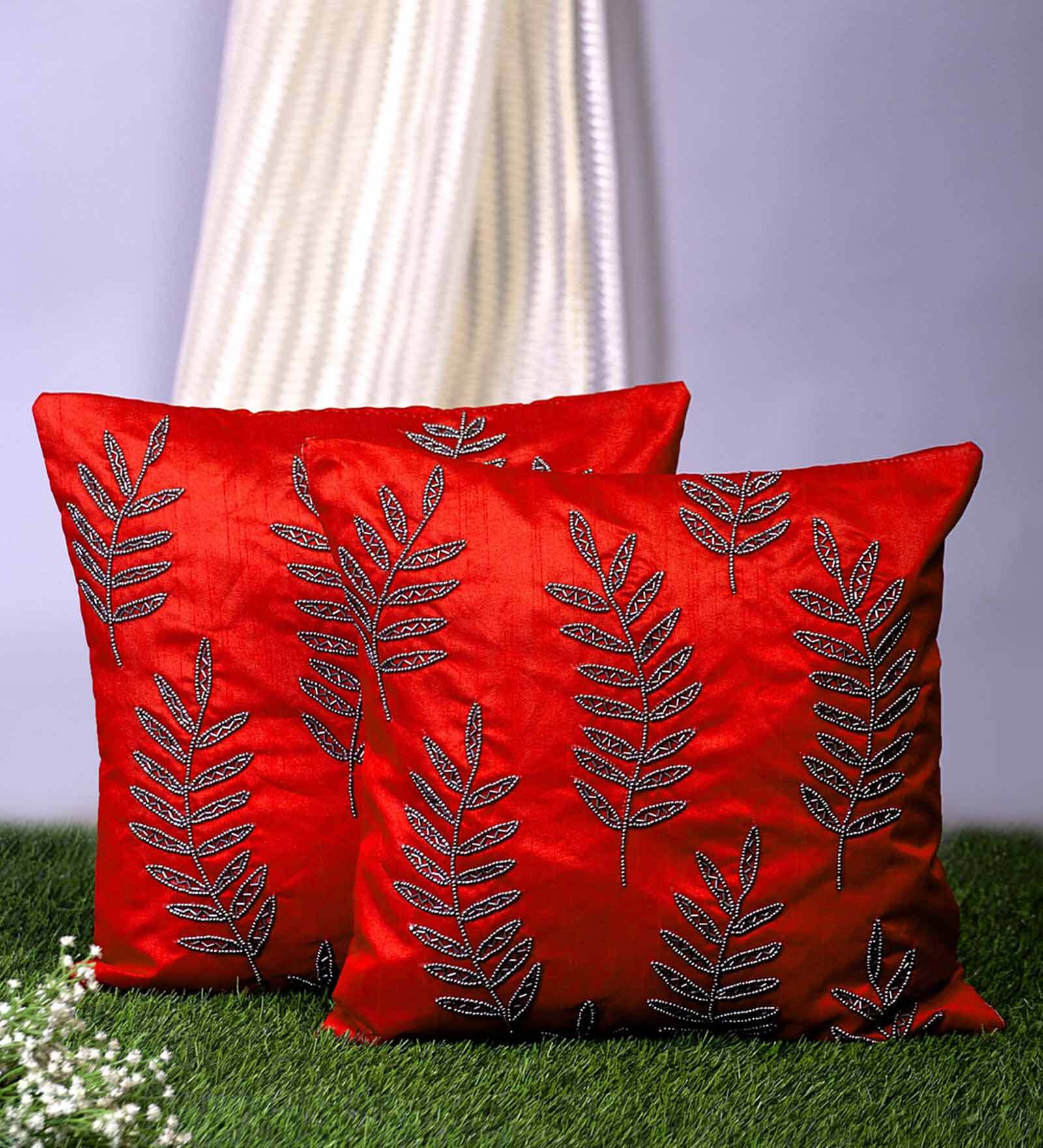 Buy Red Embroidered ( Set of 2 ) Cushion covers 16x16 Inch Alina decor