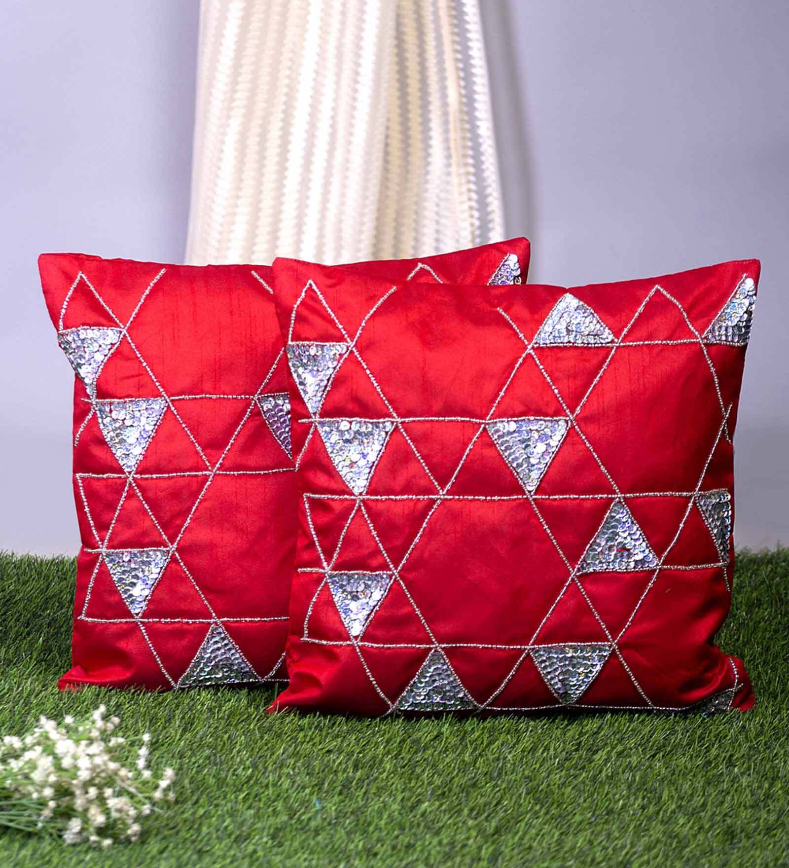 Buy Red Embroidered ( Set of 2 ) Cushion covers 16x16 Inch Alina decor