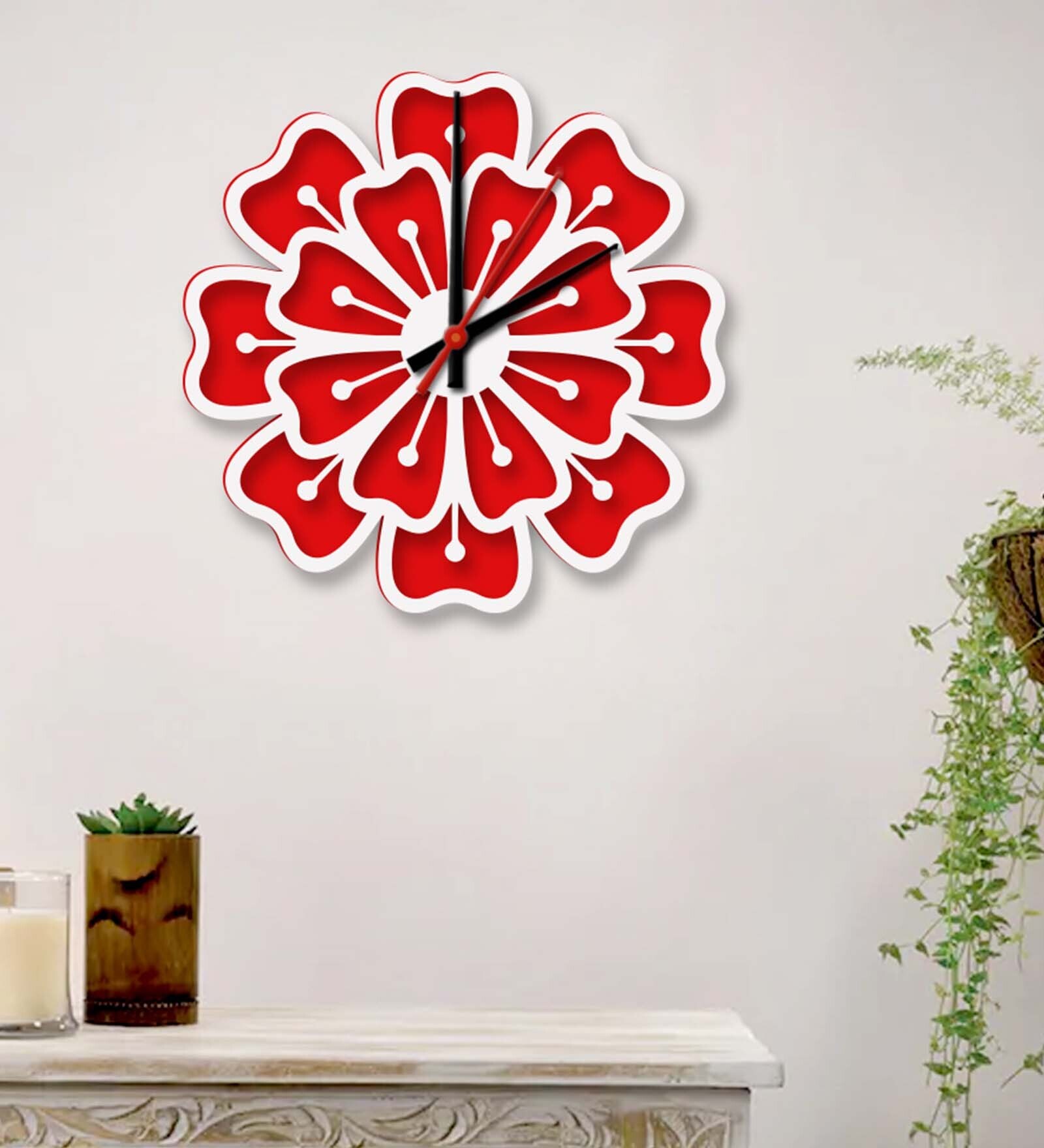 Red Engineered Wood Analog Wall Clock