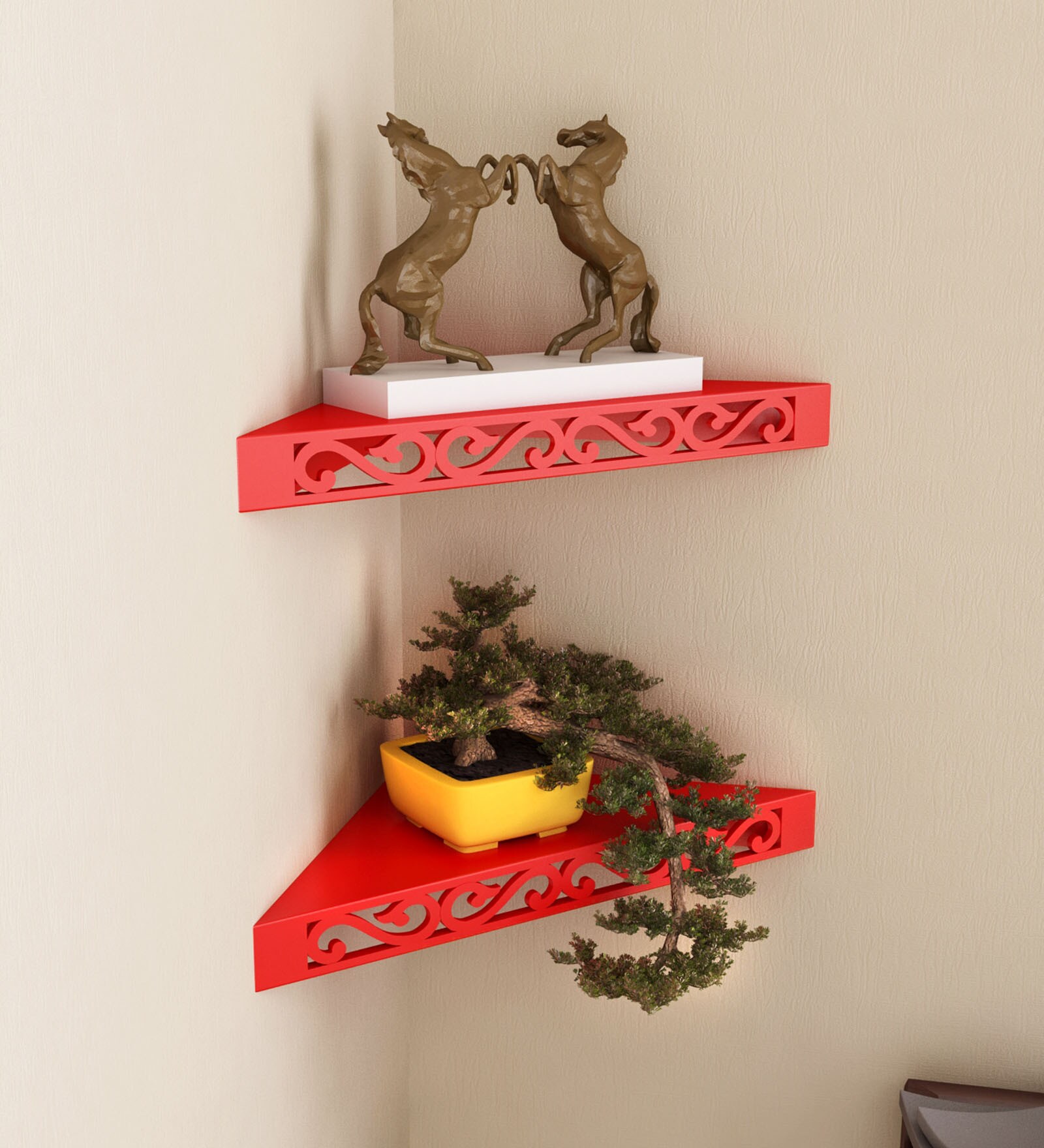 Buy Set of 2 Engineered Wood Corner Wall Shelf in Red Colour by Home Sparkle at 57 OFF by Home