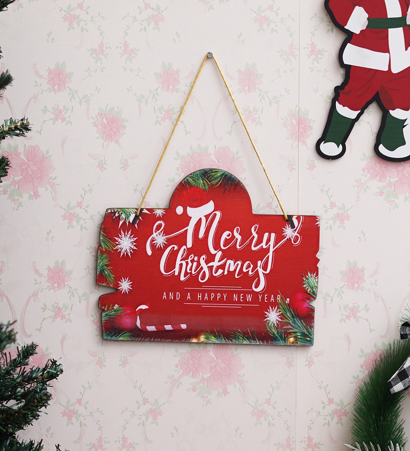 Red Engineered Wood Merry Christmas & Happy New Year Wall Hanging