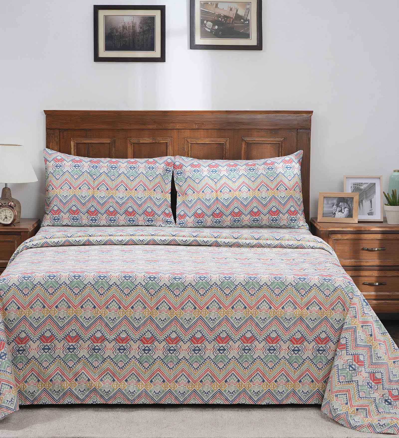 Red Ethnic Motifs 300 TC Cotton Single Bed Sheet with 1 Pillow Cover Indigenous Artisan Collection