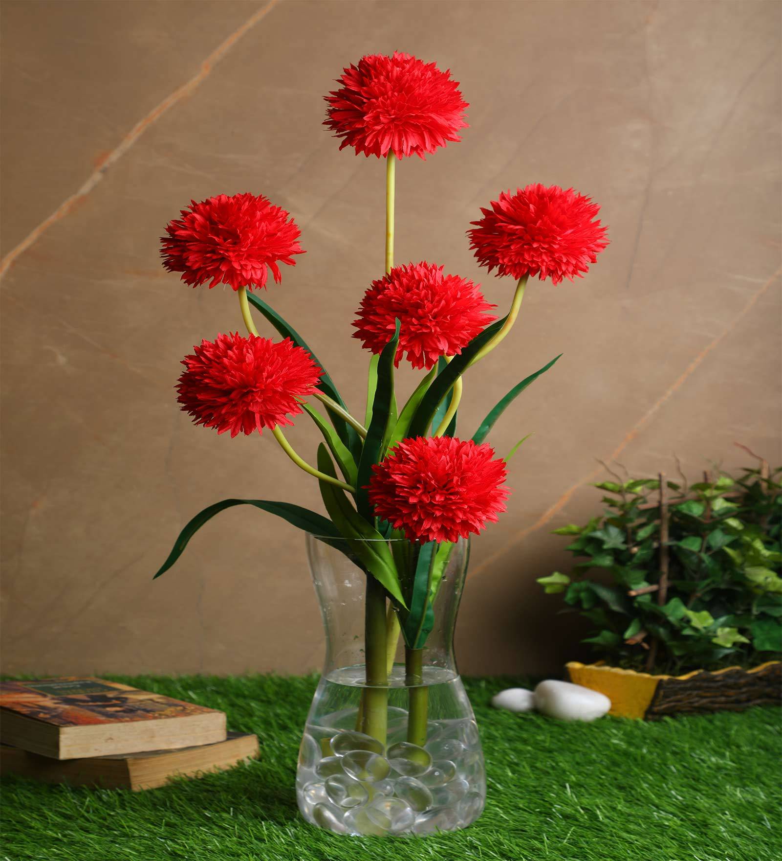 Red Fabric Decorative Artificial BallMum Flowers Set of 2