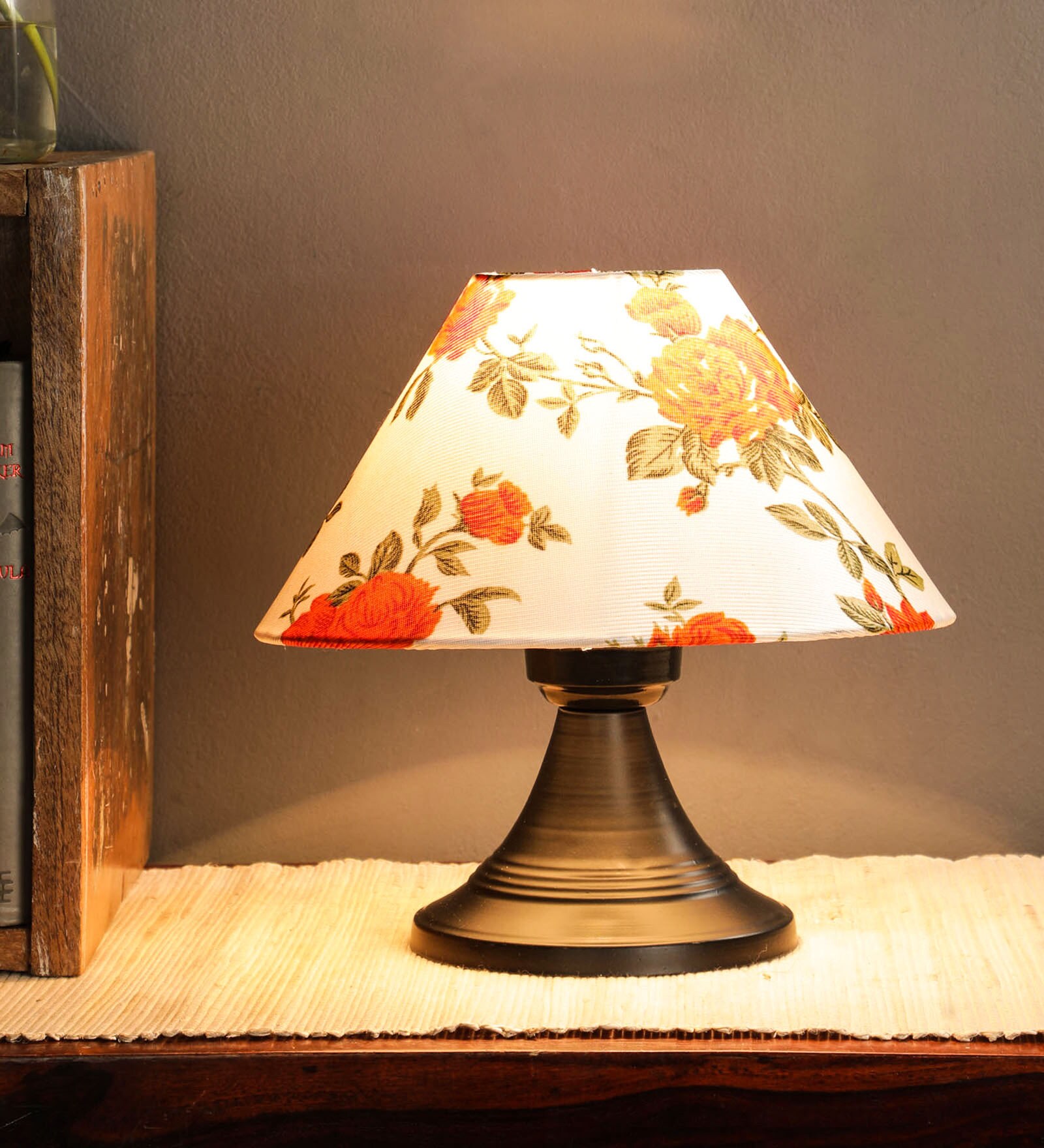 Fenerty Red Fabric Shade Night Lamp With Metal Base