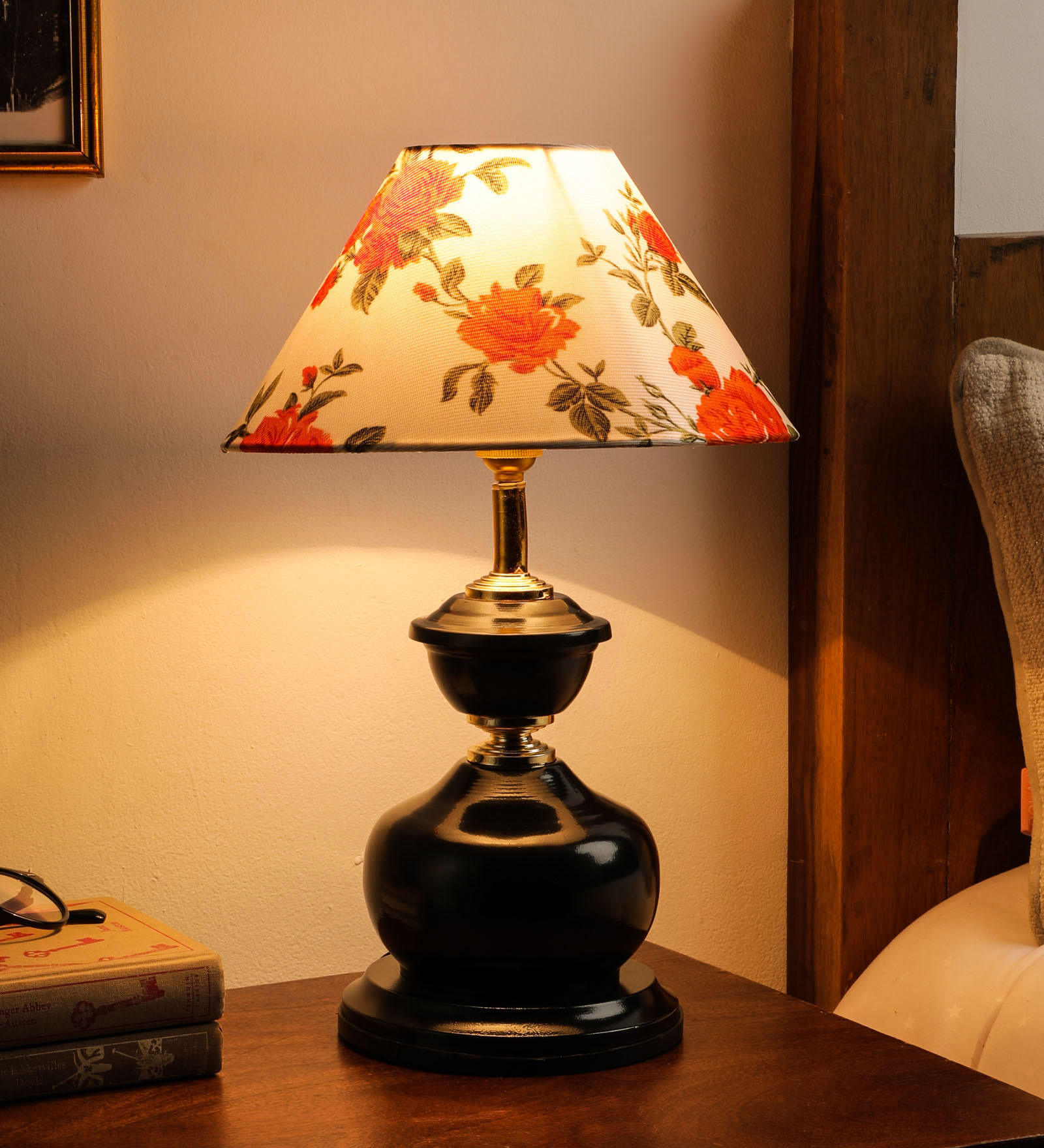 Manchester Red Fabric Shade Night Lamp With Metal Base