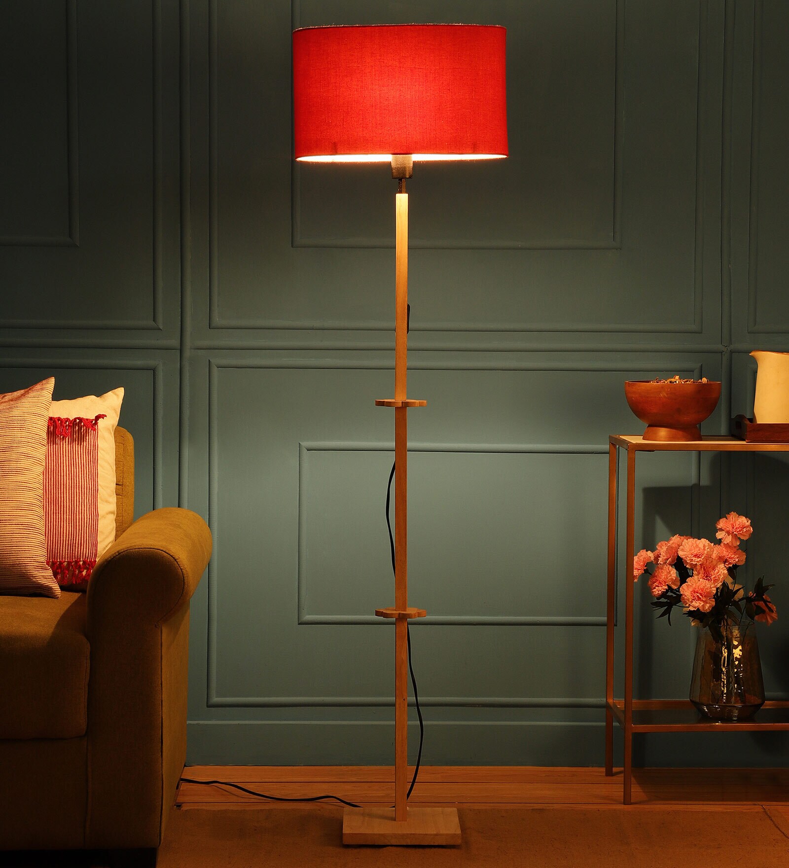 Orlando Red Fabric Shade Club Floor Lamp With Wood Base
