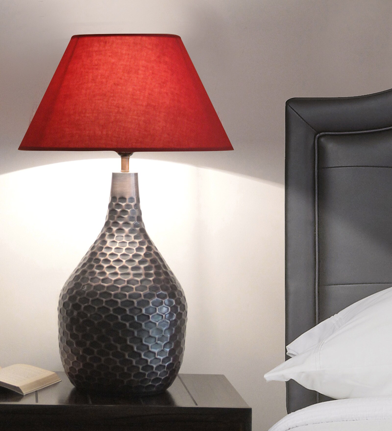 Red Fabric Shade Table Lamp with Copper Base