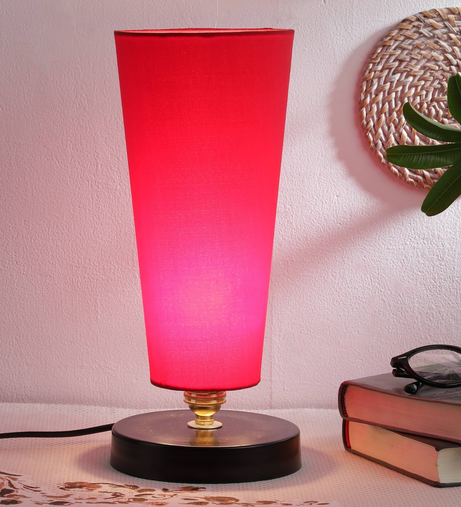 Red Cotton Shade Table Lamp with Metal Base