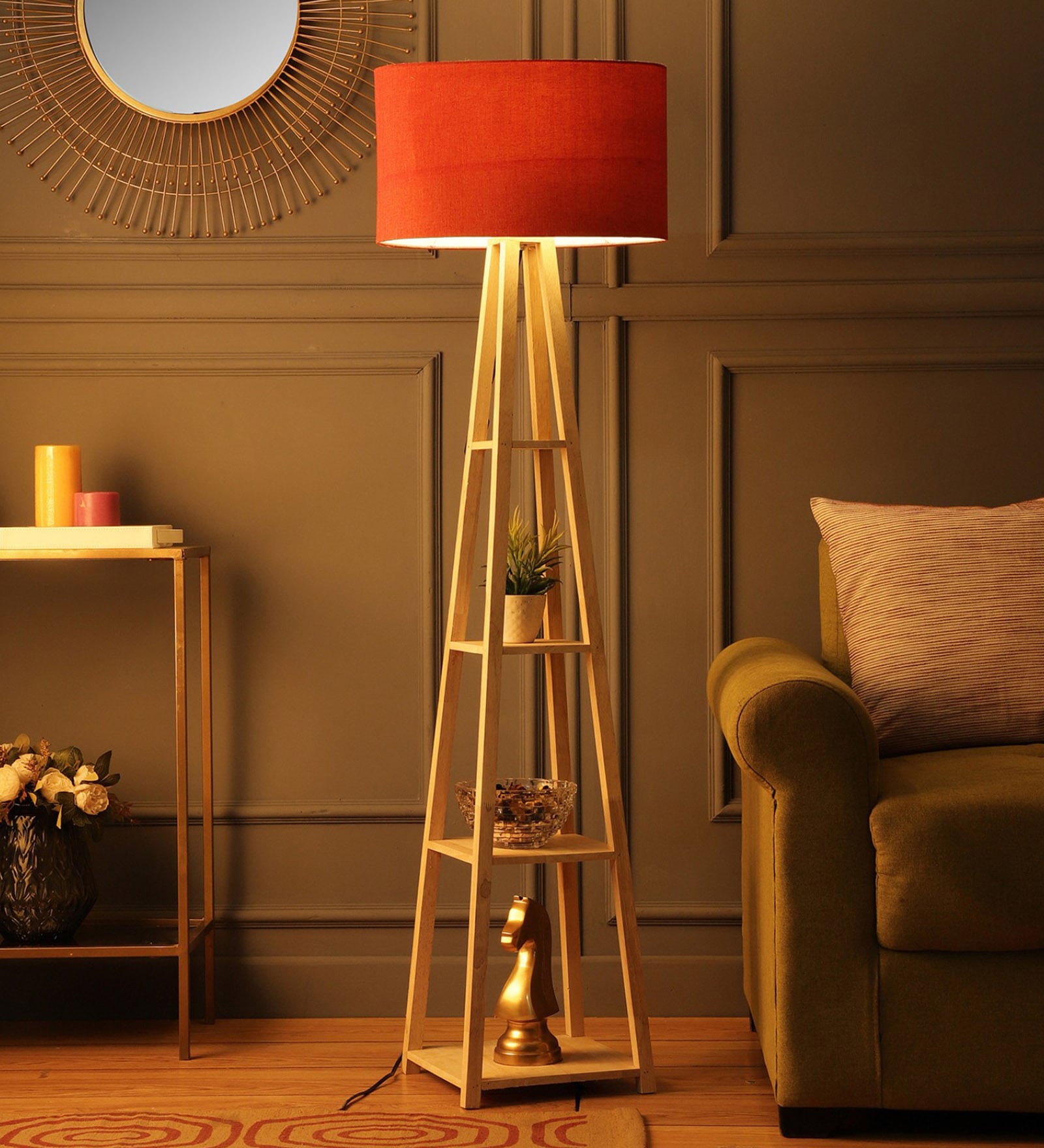 Peri Red Fabric Shade Shelf Floor Lamp With Wood Base