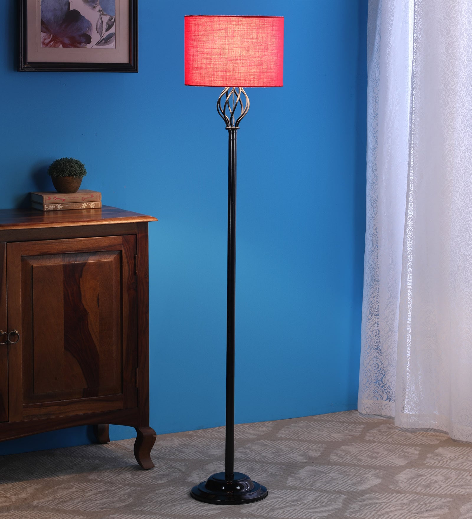 Buy Red Fabric Shade Floor Lamp with Black Base by Tu Casa at 45 OFF