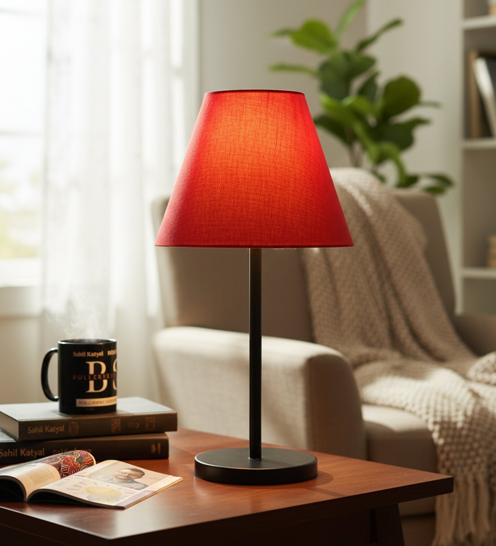 Red Fabric Shade Table Lamp, Modern Bedside & Desk Lamp with Metal Base for Bedroom, Living Room & Home Decor