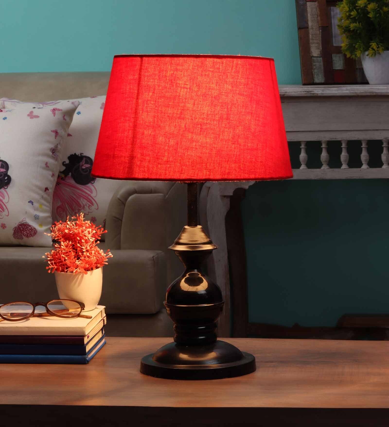 Red Fabric Shade Table Lamp with Black Base