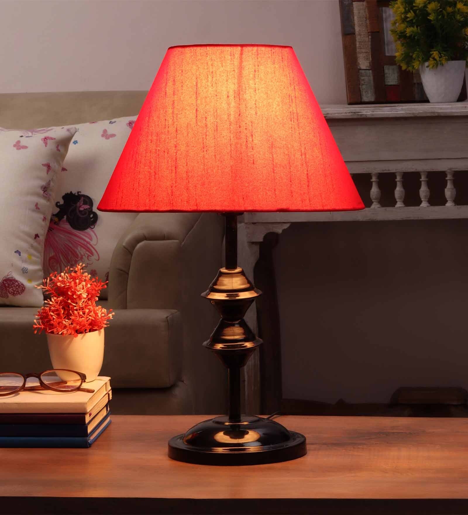 Red Fabric Shade Table Lamp with Black Base