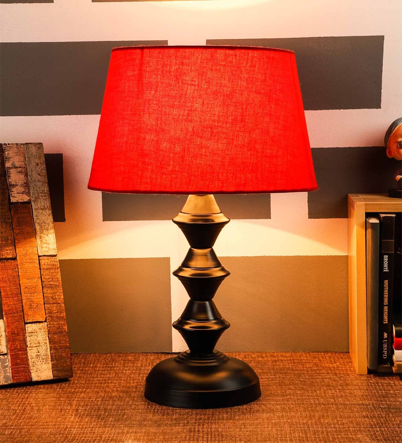 Red Fabric Shade Table Lamp With Black Base