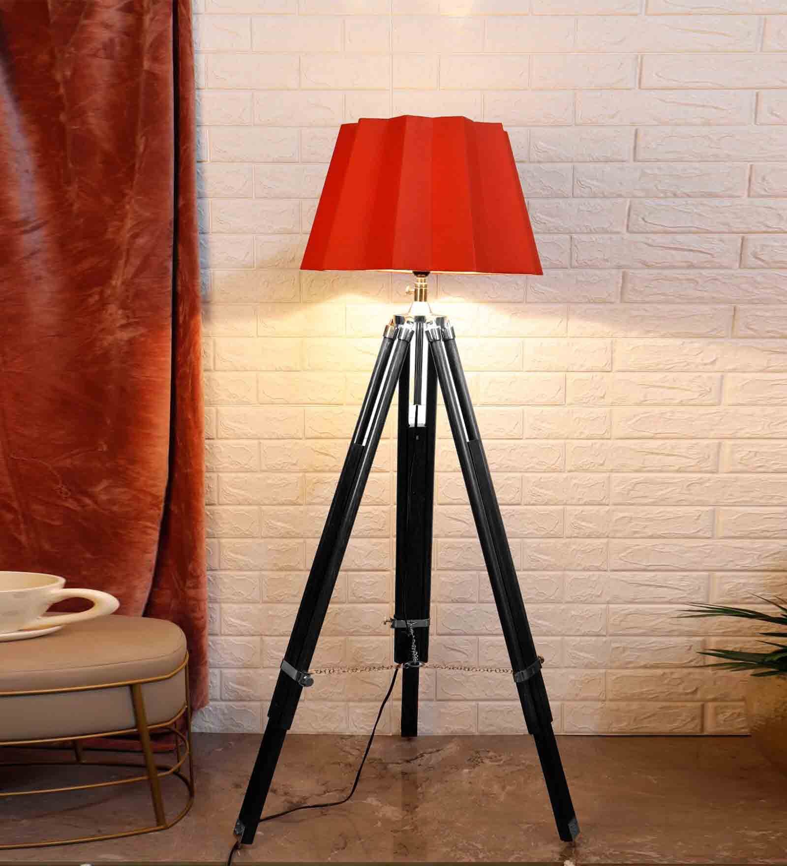 Alice Red Fabric Shade Tripod Floor Lamp With Wood Base