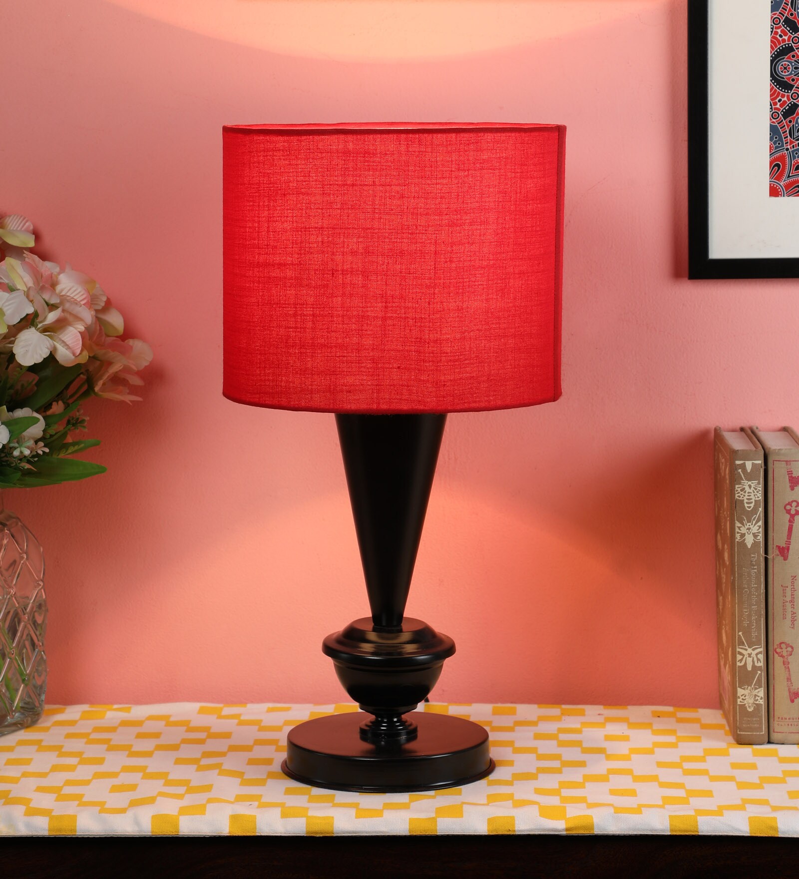 Buy Red Fabric Shade Table Lamp with Black Base by Tu Casa Online