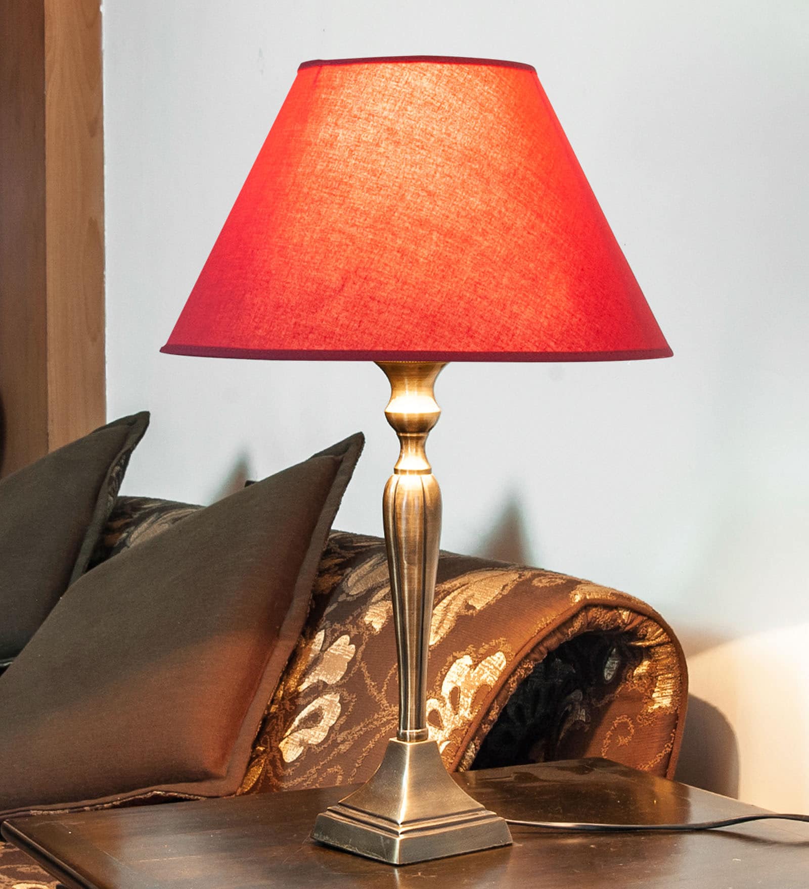 Red Fabric Shade Table Lamp with Brown Base