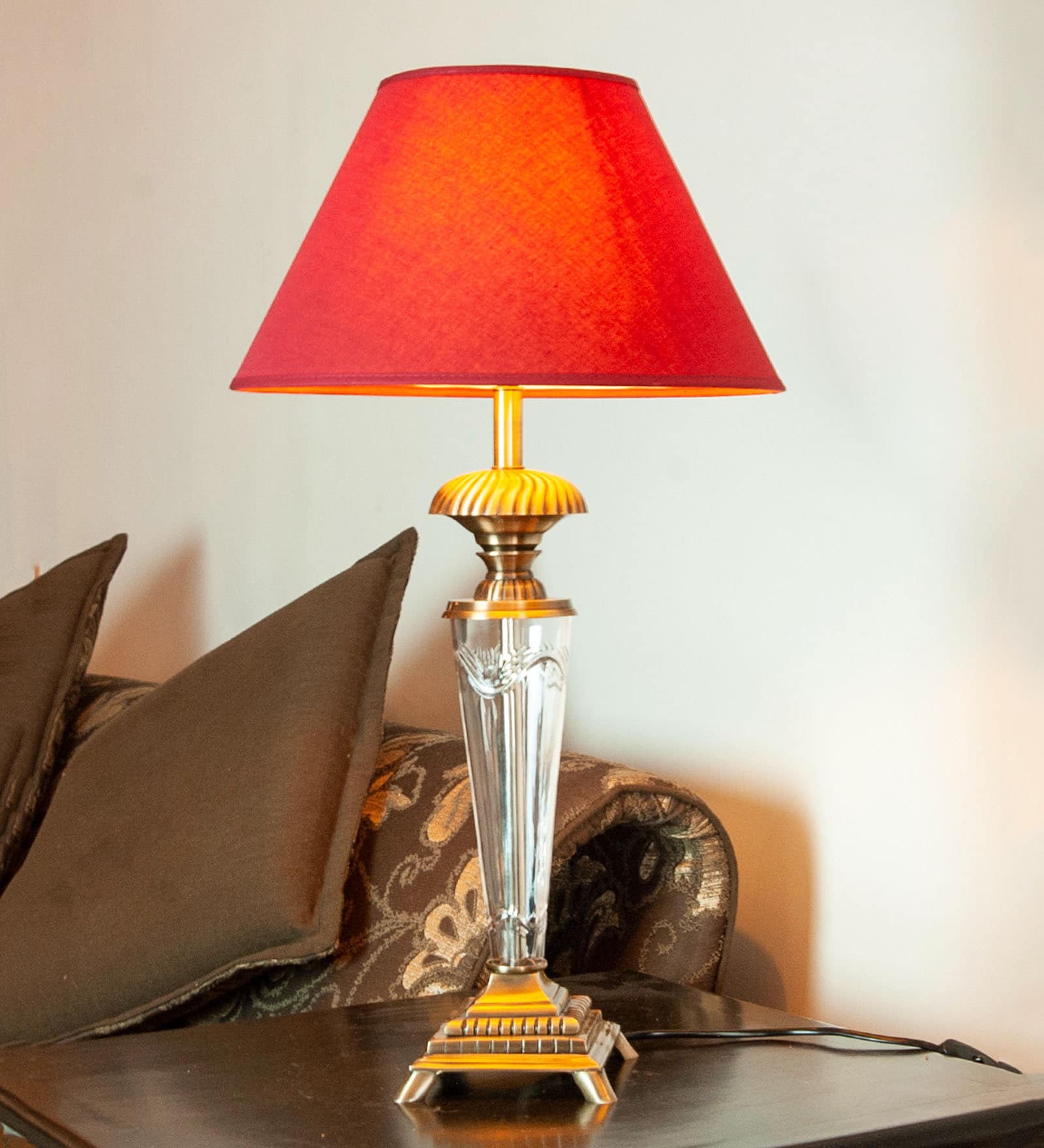 Emilia Red Fabric Shade Table Lamp With Glass Base