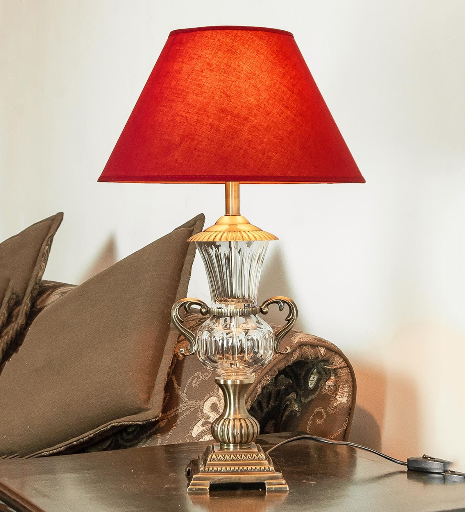 Red Fabric Shade Table Lamp with Gold Base