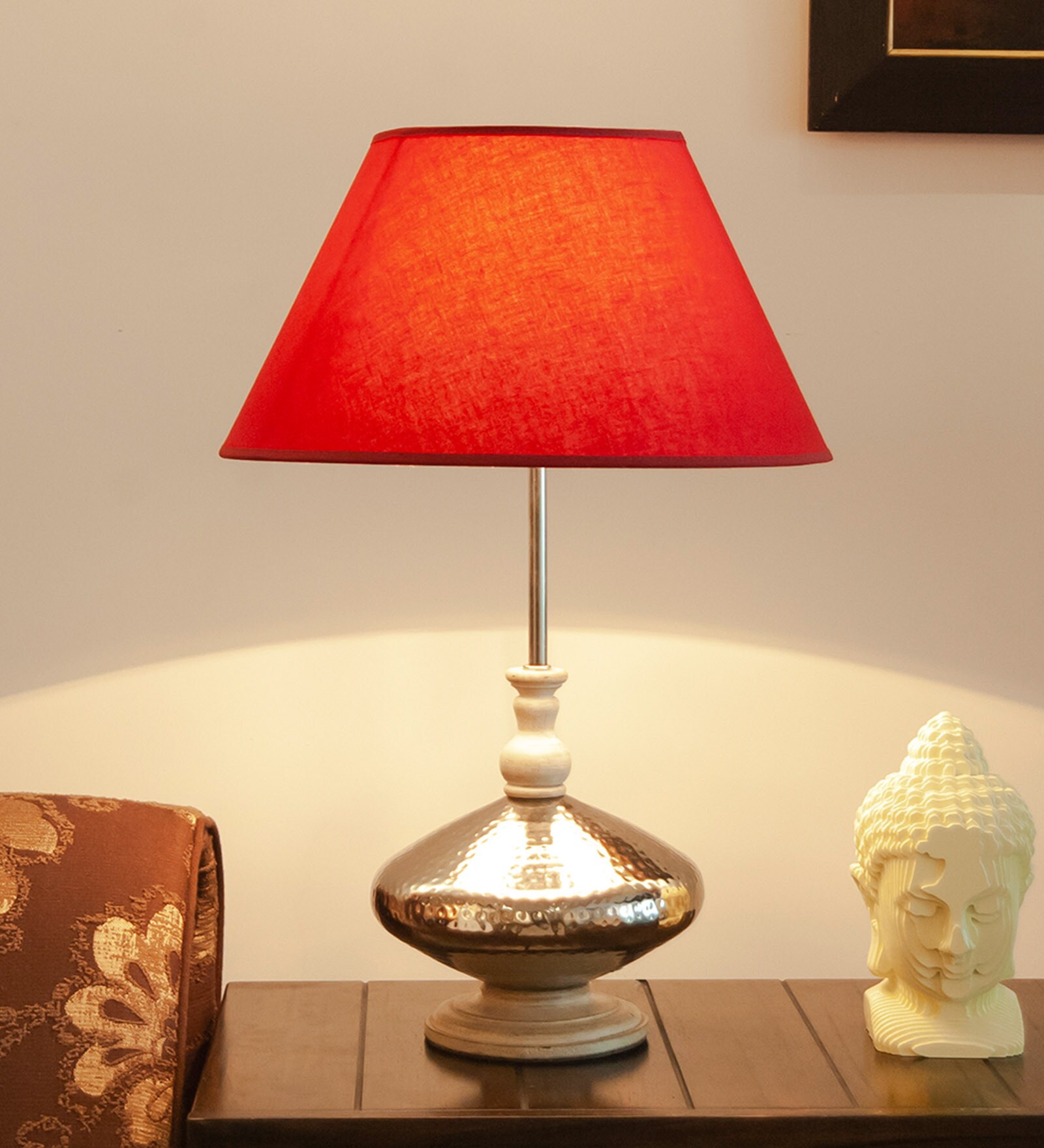 Buy Red Fabric Shade Table Lamp with Silver Base by Kapoor E