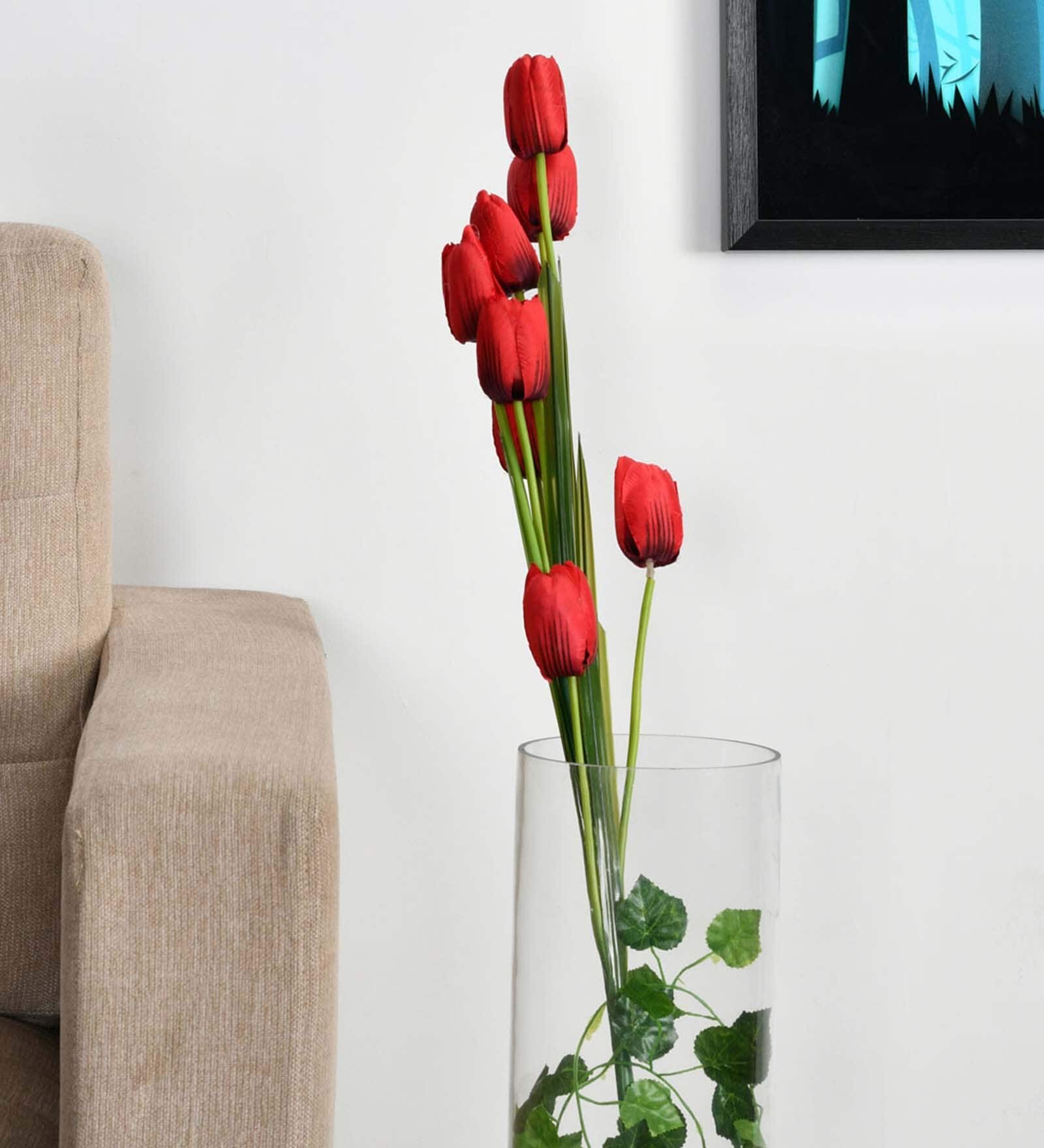 Red Fabric Tulip Artificial Flower Stick Without Pot