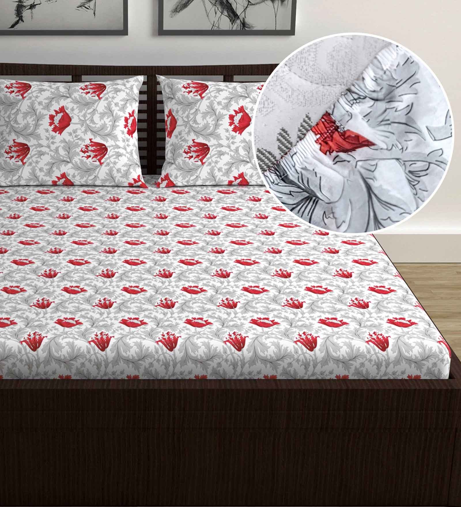 Red Floral 144 TC Cotton Double Fitted Bedsheet with 2 Pillow Covers