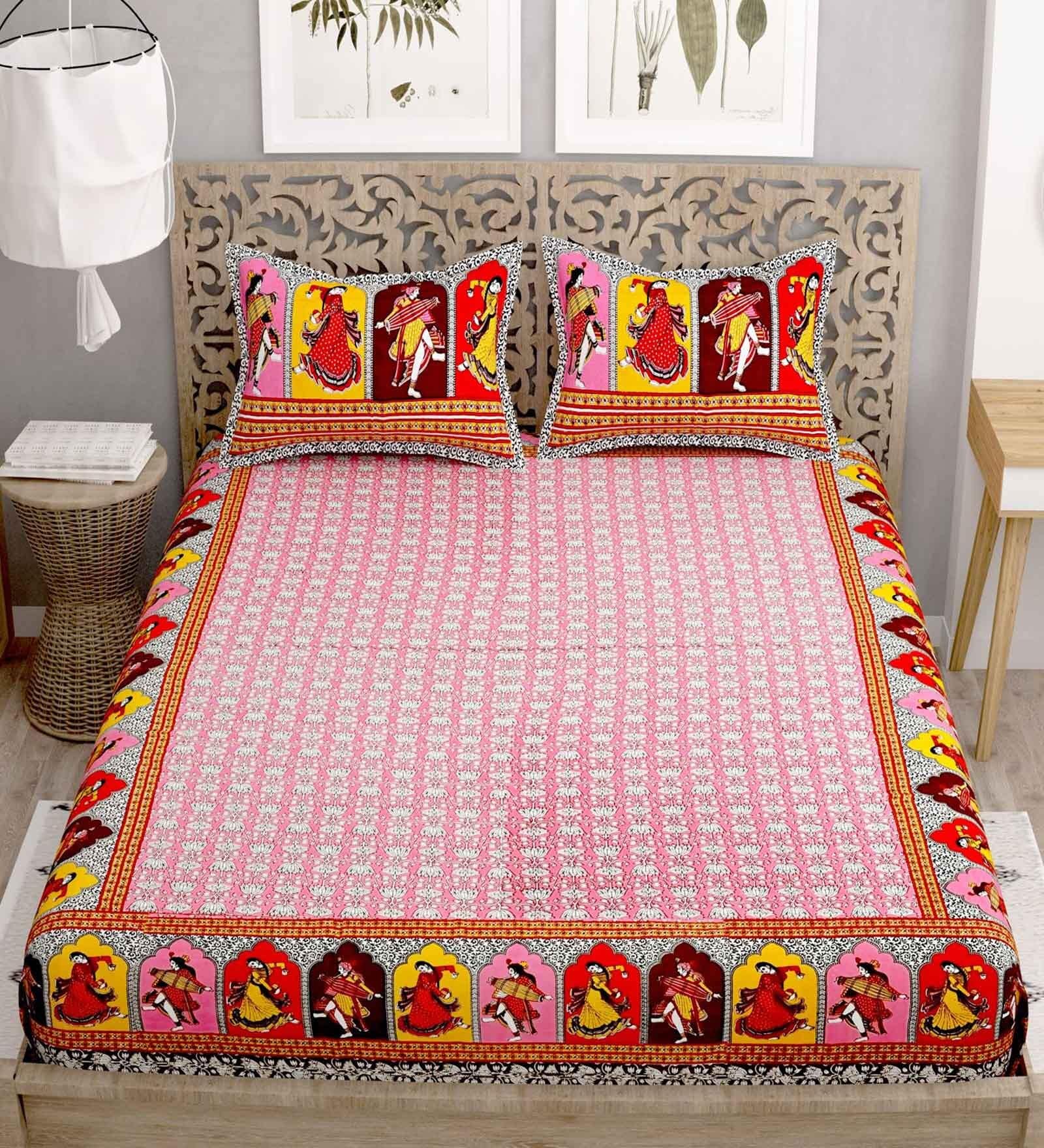 Red Floral 144 TC Cotton King Bedsheet and 2 Pillow Cover