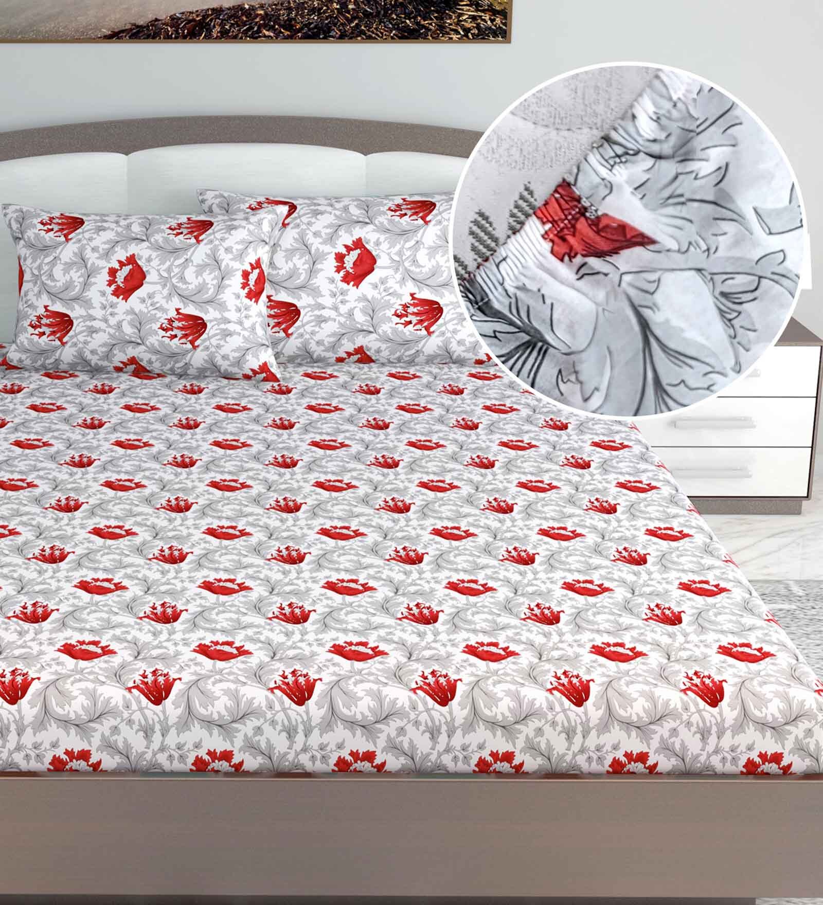 Red Floral 144 TC Cotton King Fitted Bedsheet with 2 Pillow Covers