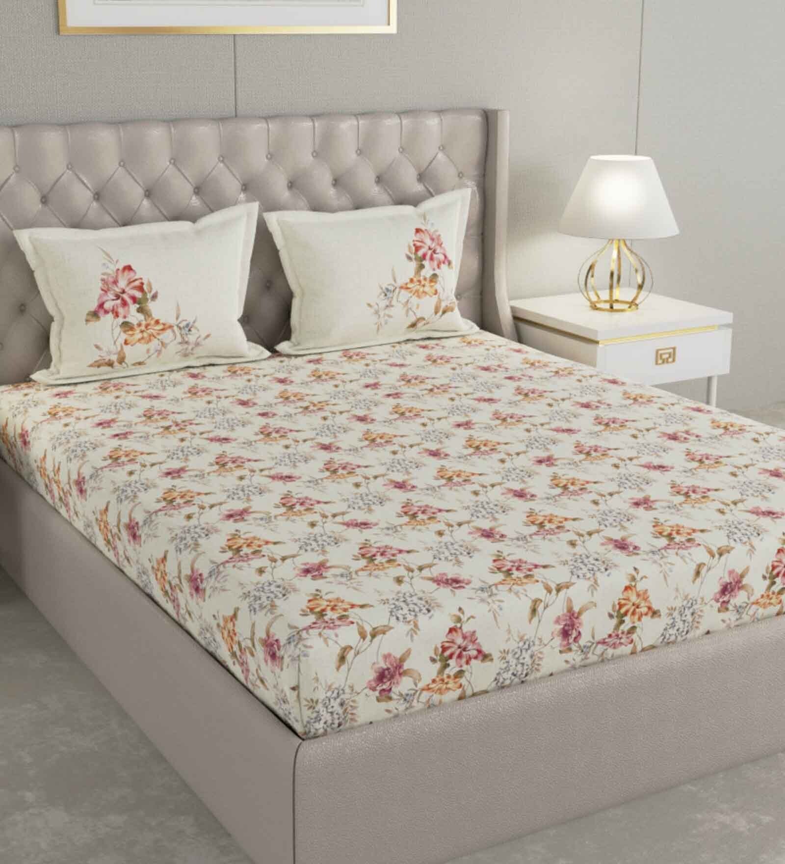 Red Floral 144 TC Cotton Queen Sized Bed Sheets with 2 Pillow Covers