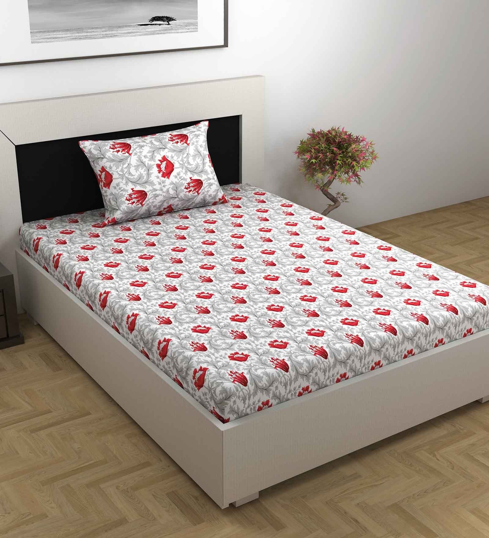 White Floral 144 TC Cotton Single Bedsheet With 1 Pillow Cover