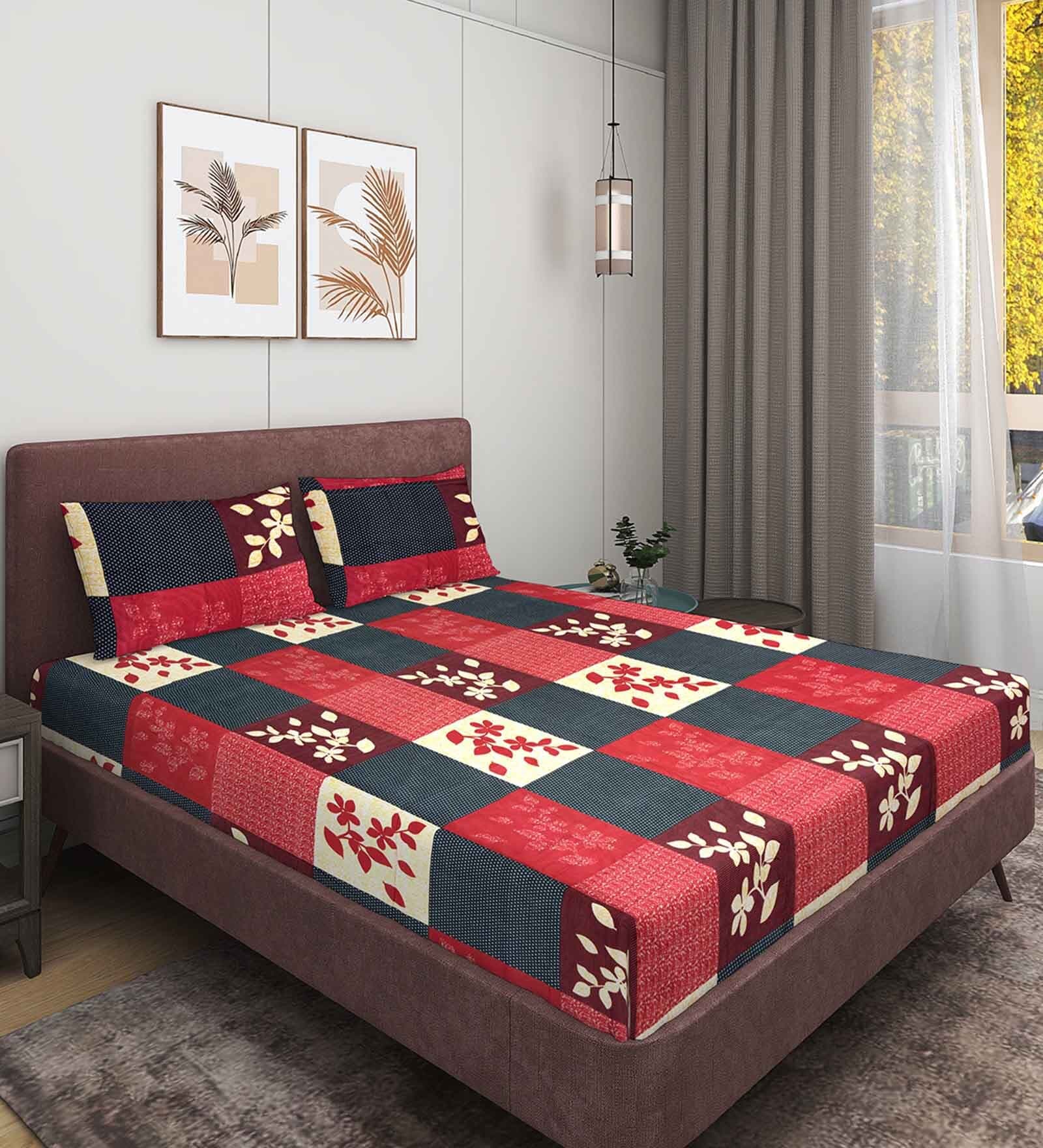 Red Floral 144 TC Microfiber Double Sized Bedsheet With 2 Pillow Covers