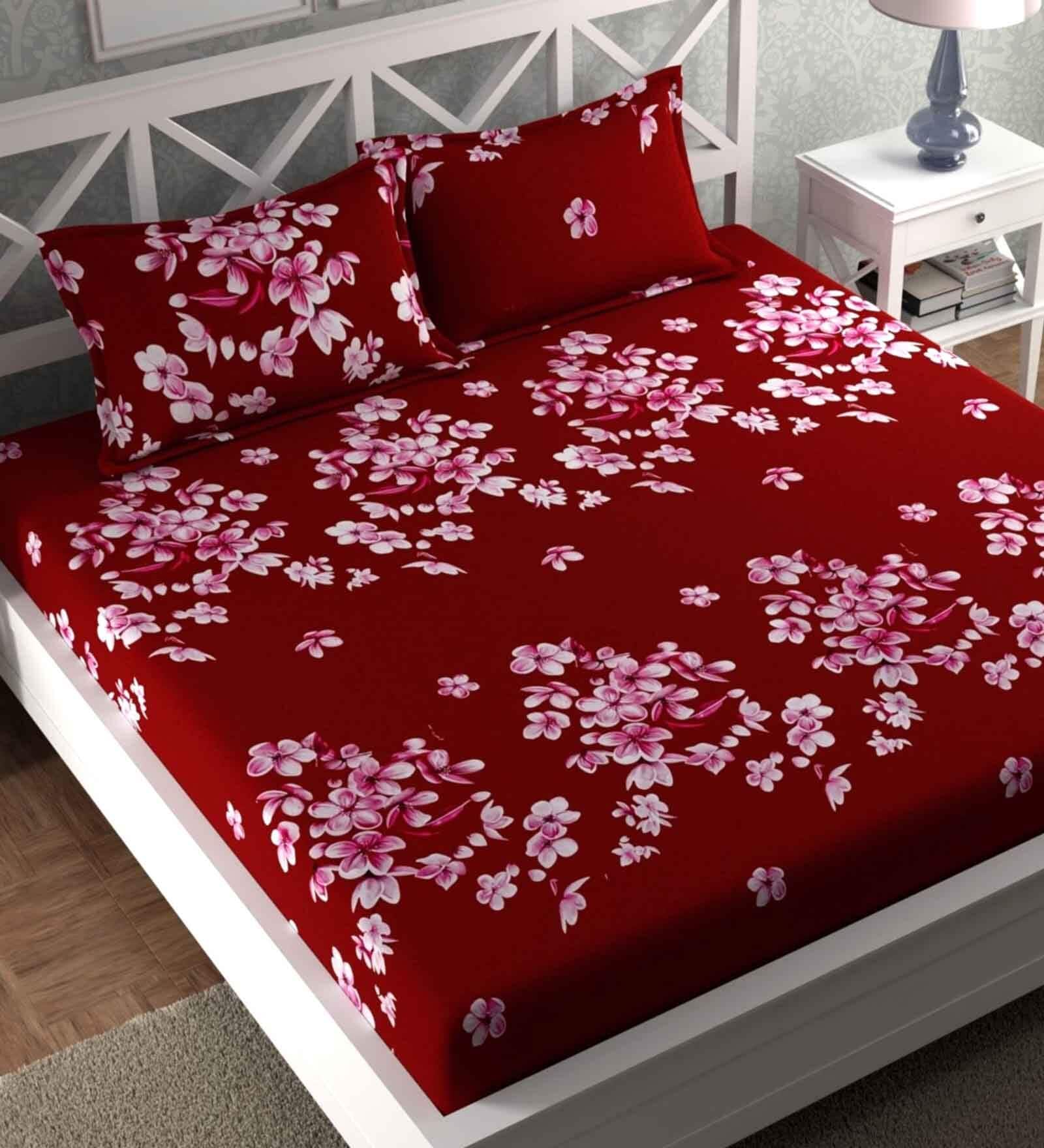 Red Floral 160 TC Microfiber Double Queen Bedsheet With 2 Pillow Covers