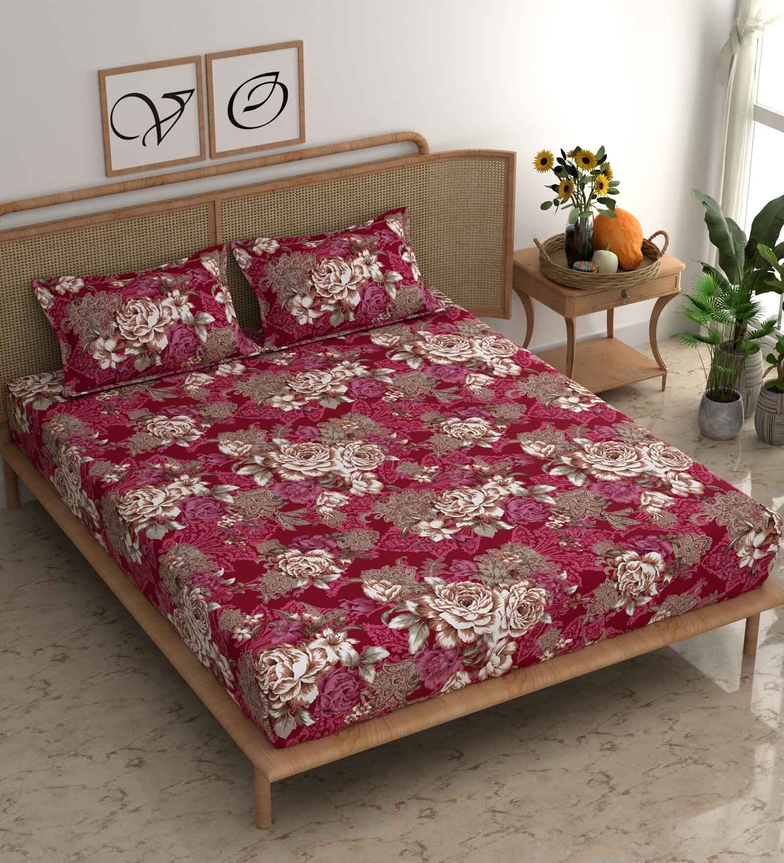 Red Floral 160 TC Microfiber Double Queen Bedsheet With 2 Pillow Covers